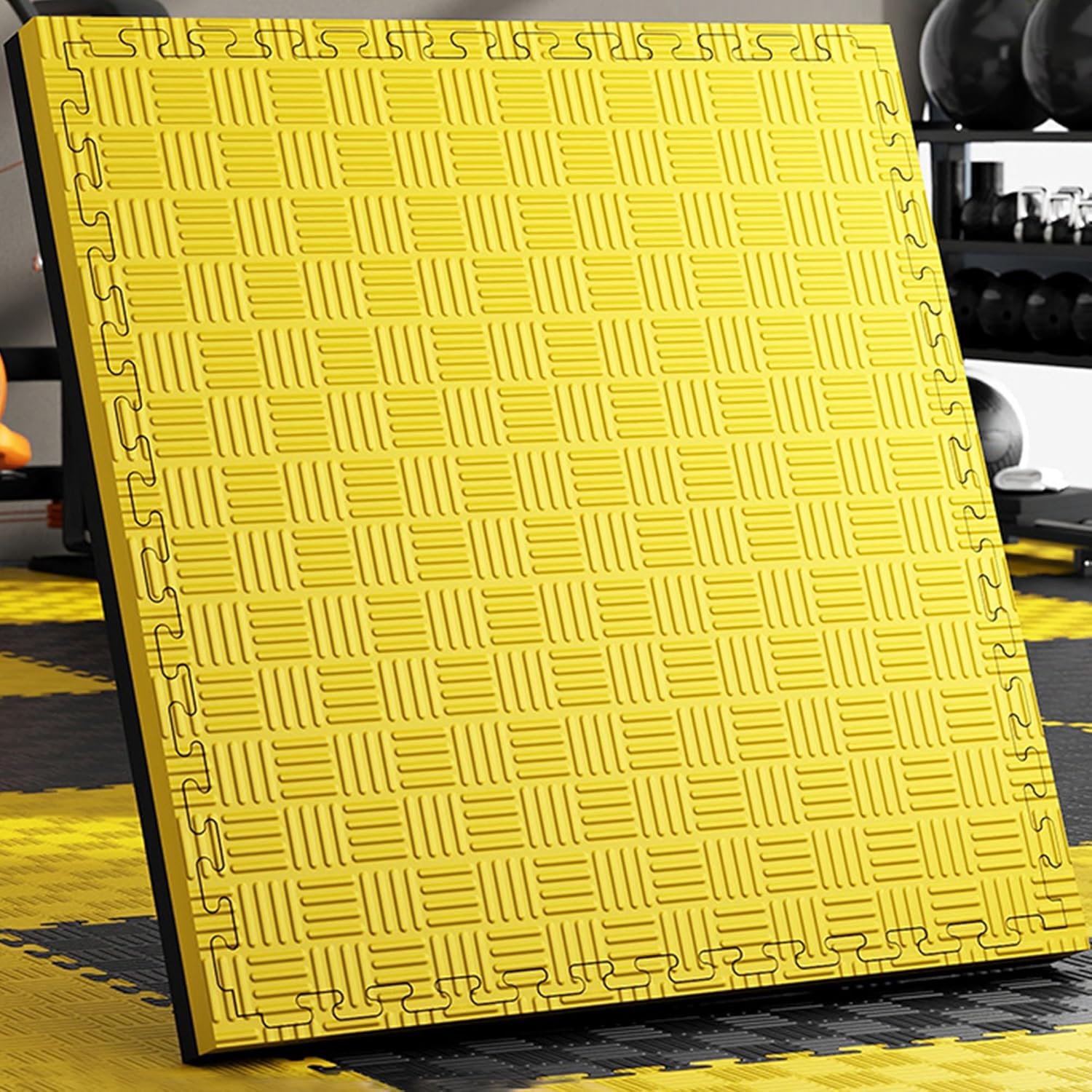 Puzzle Exercise Mat, EVA Interlocking Foam Floor Tiles, Sound Absorbing Mat for Home Gym, Stationary Bike Mat, Resistance Trainer Floor Protection(Black+Yellow,100x100x4cm)