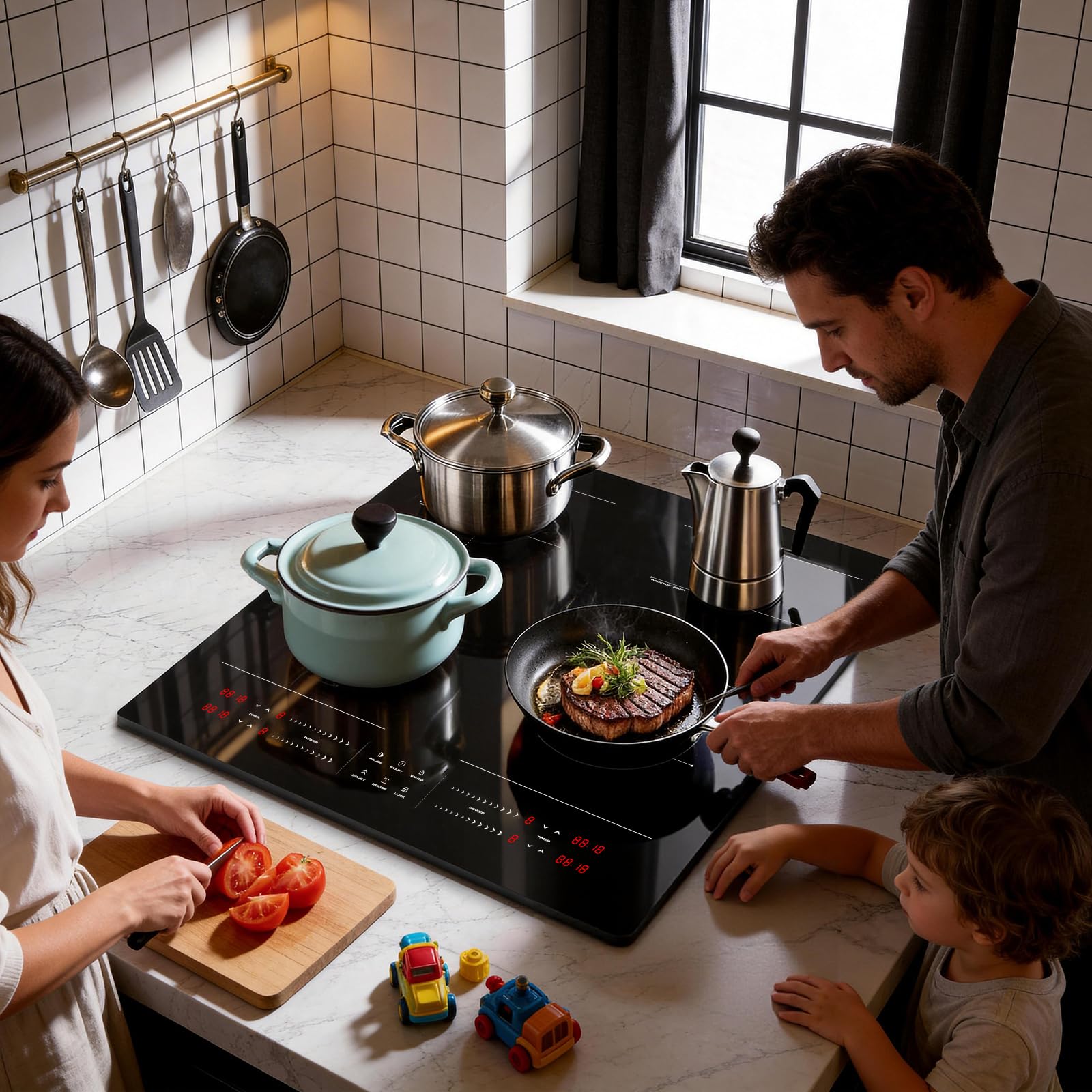 Hobsir Induktionskochfeld 60cm 4 Platten 7200W mit Flexzone Schwarz | Glaskeramikkochfeld 4 zonen Touch-Bedienung, separat steuerbare Kochfelder, Kinderhalte, Boost & Timer, Heizfunktion & Pause