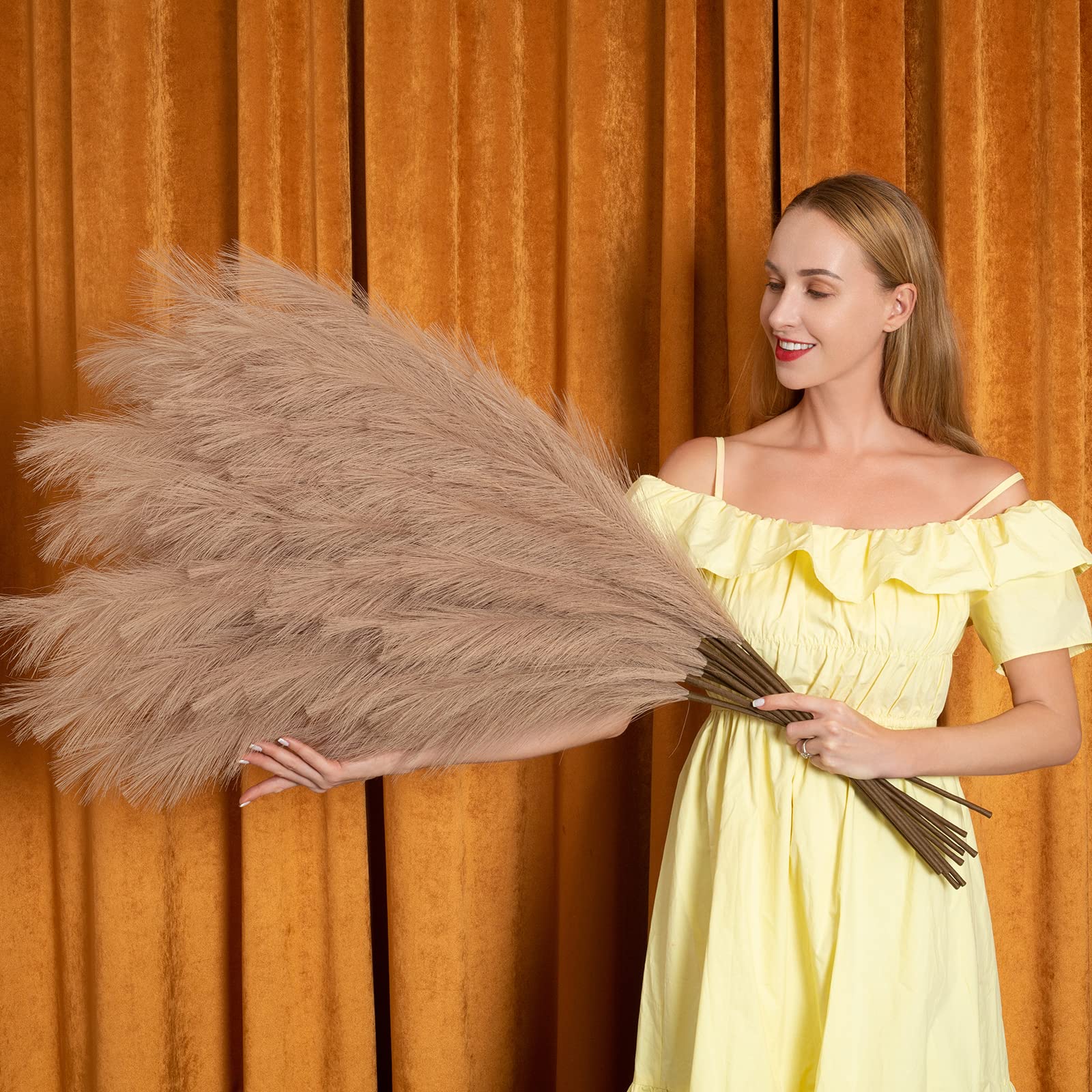 Dekoracja trawy pampasowej, wysoka, 110 cm, sztuczna trawa pampasowa, 6 łodyg, duże gałązki trawy, wysokie, luzem, boho, kompozycja kwiatowa do domu, pokoju, dekoracja weselna (taupe)