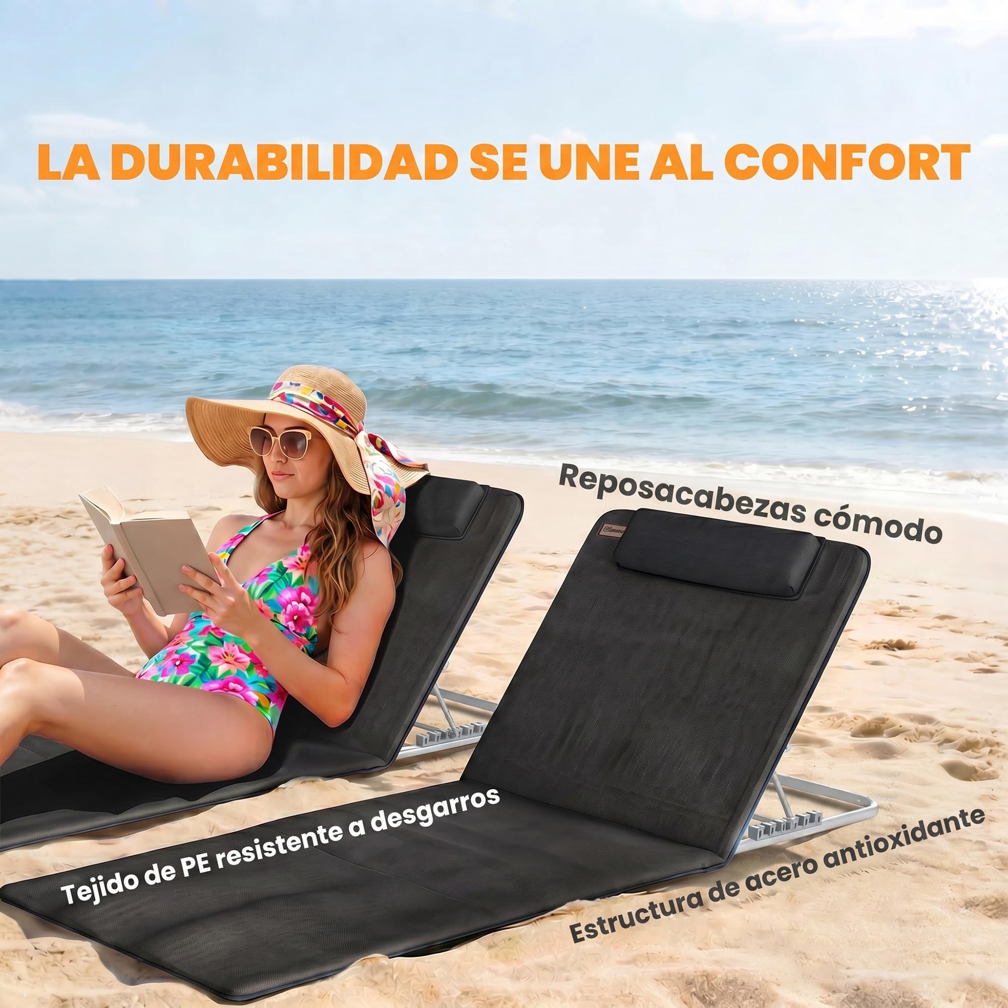 Outsunny Conjunto de 2 Esterillas de Playa Plegable Esterillas con Respaldo Reclinable en 5 Niveles Reposacabezas y Bolsa de Transporte 134x48x33-43 cm Negro