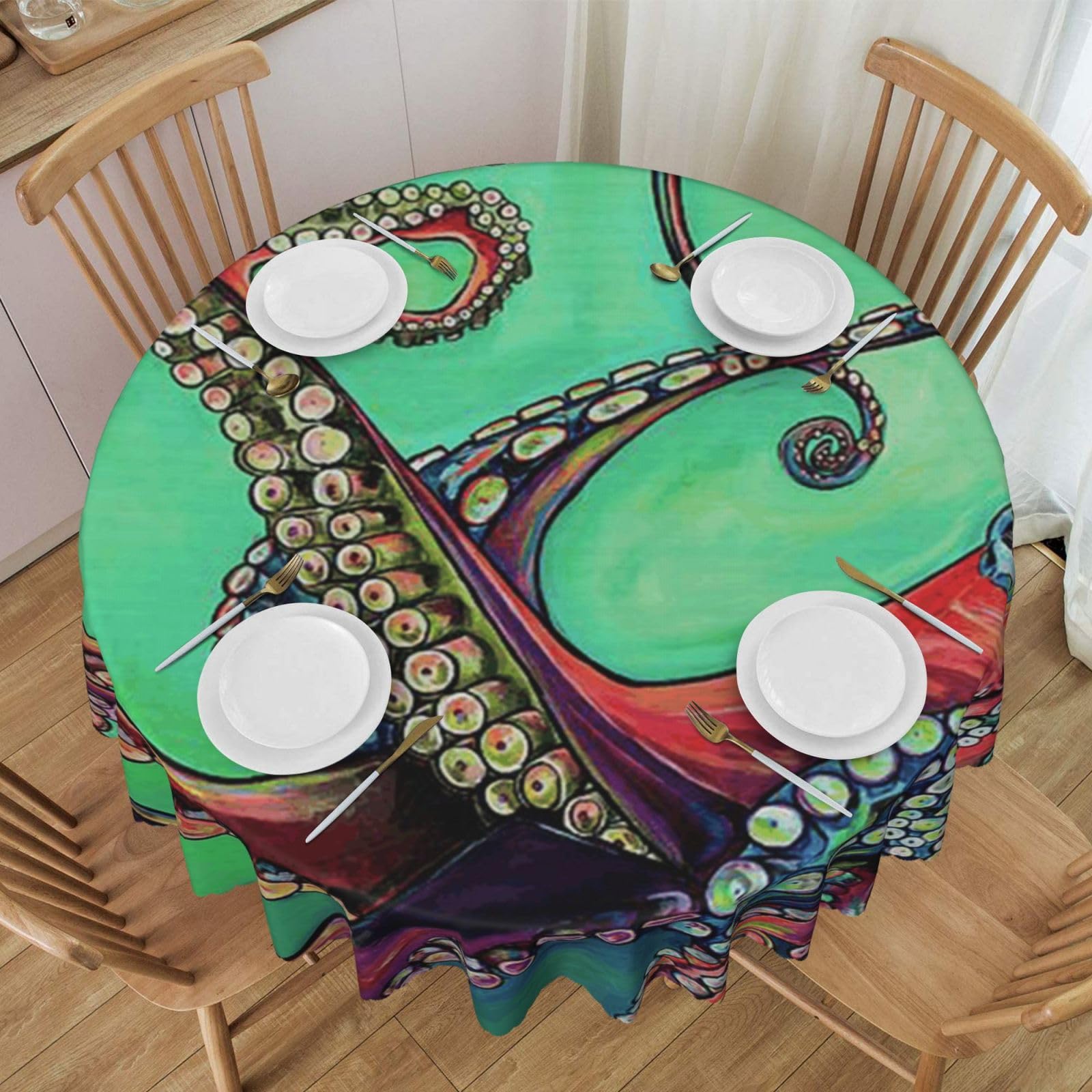 DCEHGEW 60 In Round Tablecloth with Lace, cute octopus Printed Oilproof & Washable Fabric Picnic Table Cloth Table Covers