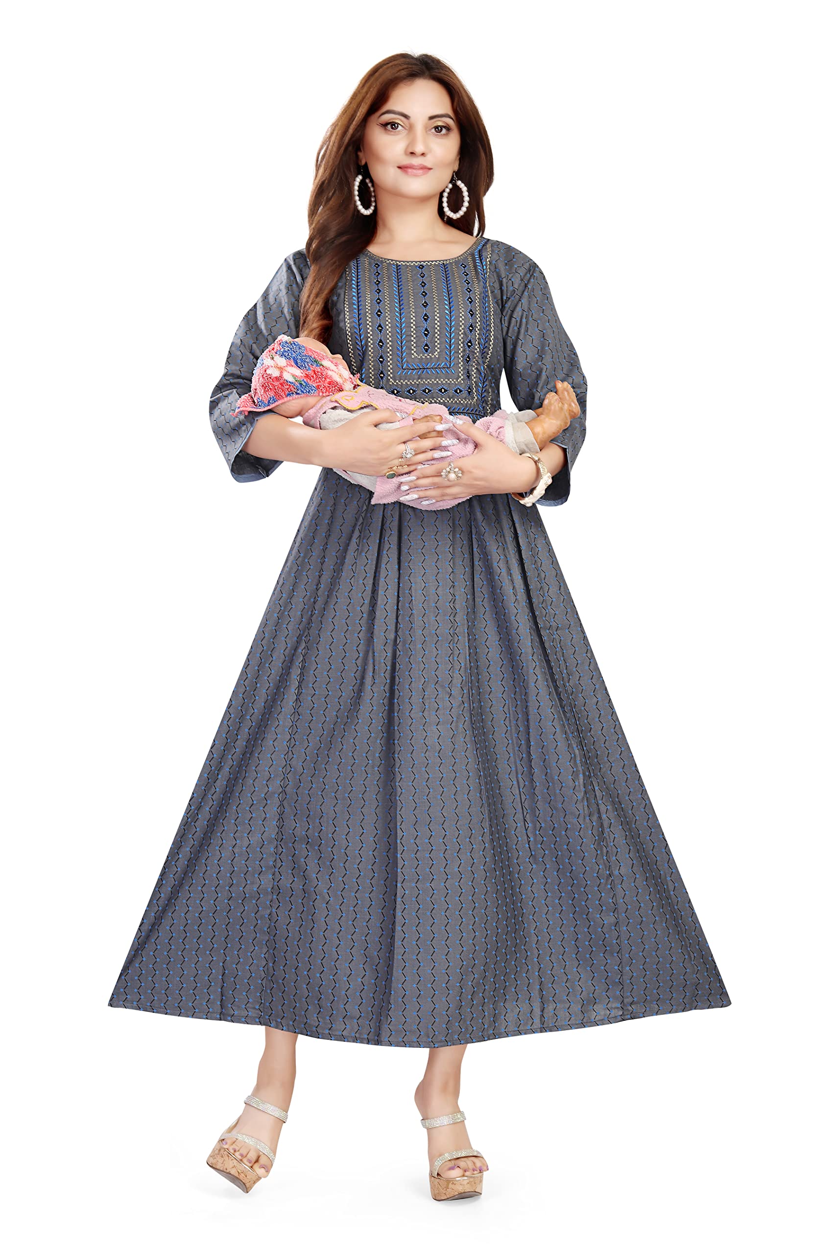 B2F Women's Embroidered Cotton Flared Maternity Kurti with Zipper, Feeding Kurta for Pre and Post Pregnancy-image-41