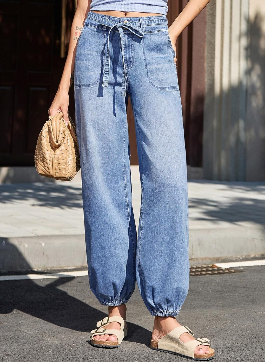 Sidefeel Women's Wide Leg Jeans High Waisted Drawstring Baggy Stretchy Trendy Harem Loose Ankle Denim Pants - Image 6