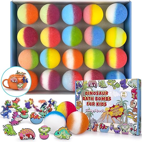 20 bombas de baño para niños con juguetes de succión de dinosaurio en el interior, bombas de baño sorpresa orgánicas naturales para niñas y niños en