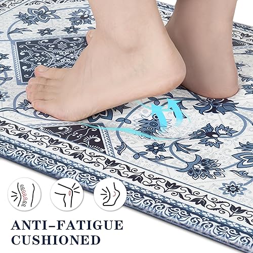 Miniatura 5 de ASPMIZ Juego de 3 tapetes de cocina bohemios azules, antideslizantes, acolchados, antifatiga, impermeables, retro, cómodos para el suelo, pasillo,