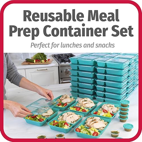 Miniatura 2 de GoodCook Meal Prep - Juego de recipientes reutilizables de almacenamiento de alimentos de 2 compartimentos con 50 recipientes, tapas y vasos para