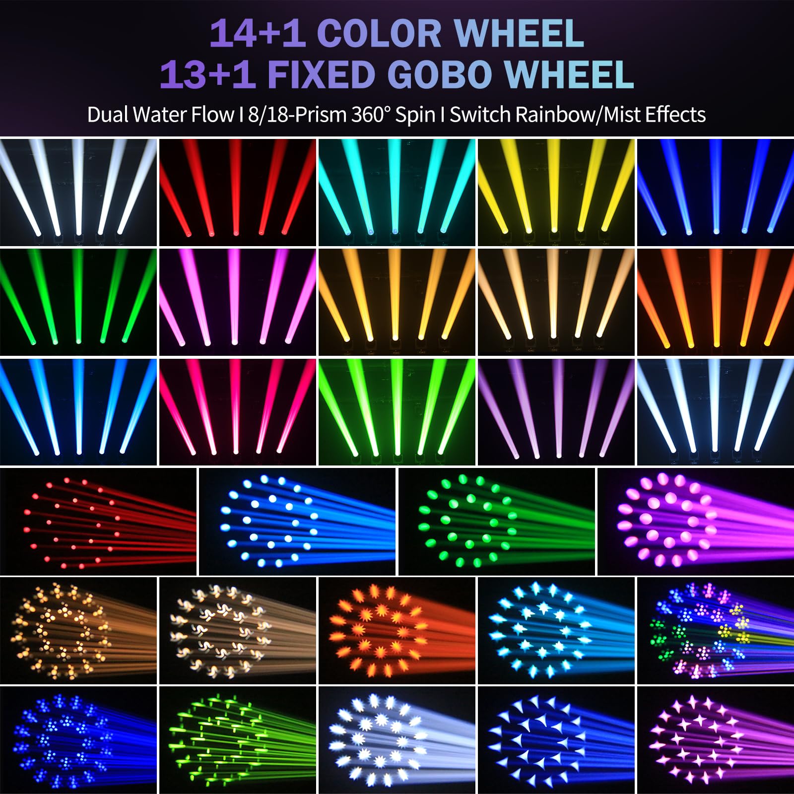4PCS 380W Teste Mobili LED,Beam Luci da palcoscenico 14 Gobos 15 colori DJ Faretti Luci per Discoteca Feste Bar Club Matrimoni Concerti