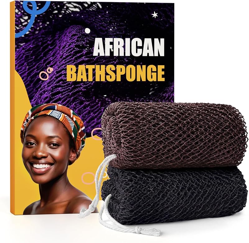 Esponja de banho em rede africana Glochin, alongável, preta e marrom, Pacote com 2