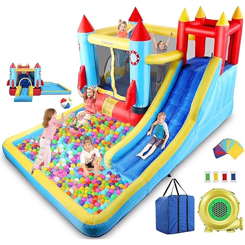 AKEYDIY Bounce House,Inflatable Bounce Castle with Blower for Kids 3-10,Outdoor/Indoor Bouncy House Water Park for Backyard with 2 Splash Slides,Climbing Wall,Ball Pit,Jumping Area (146" x 132" x 81")