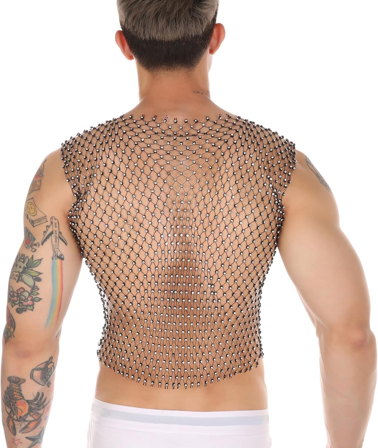 Men's Rhinestone Tank Tops Sheer Fishnet Sleeveless Shirt Sparkly Mesh Crop Top Sexy Night Club Party Rave Outfit - Image 3
