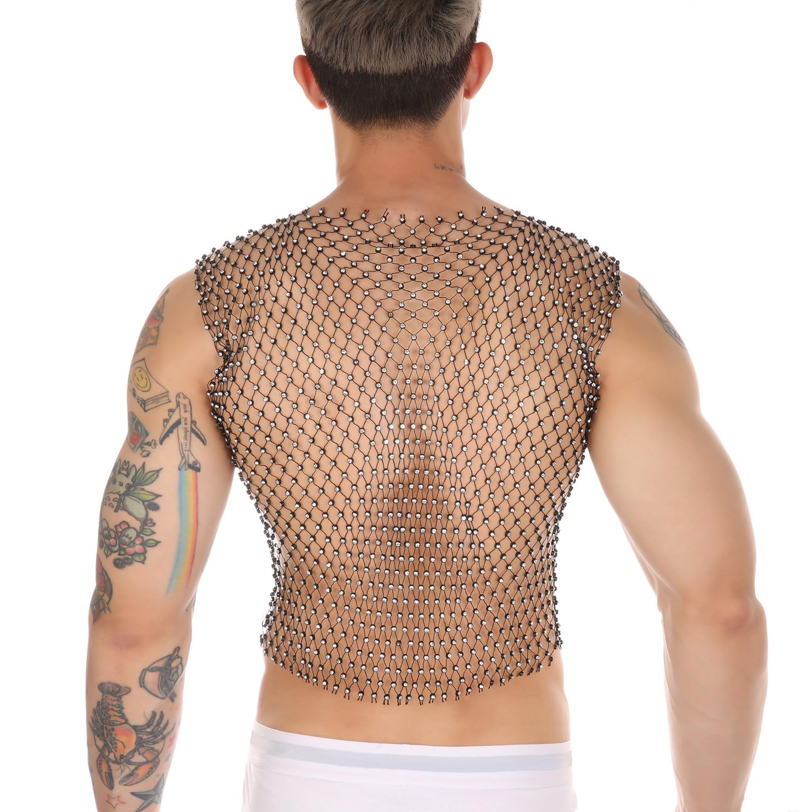 RUIXIA Débardeurs en Résille avec Strass pour Hommes Gilet Sexy et Pailletée Homme Haut sans Manches en Résille Débardeurs Col V Transparent pour Soirée Club