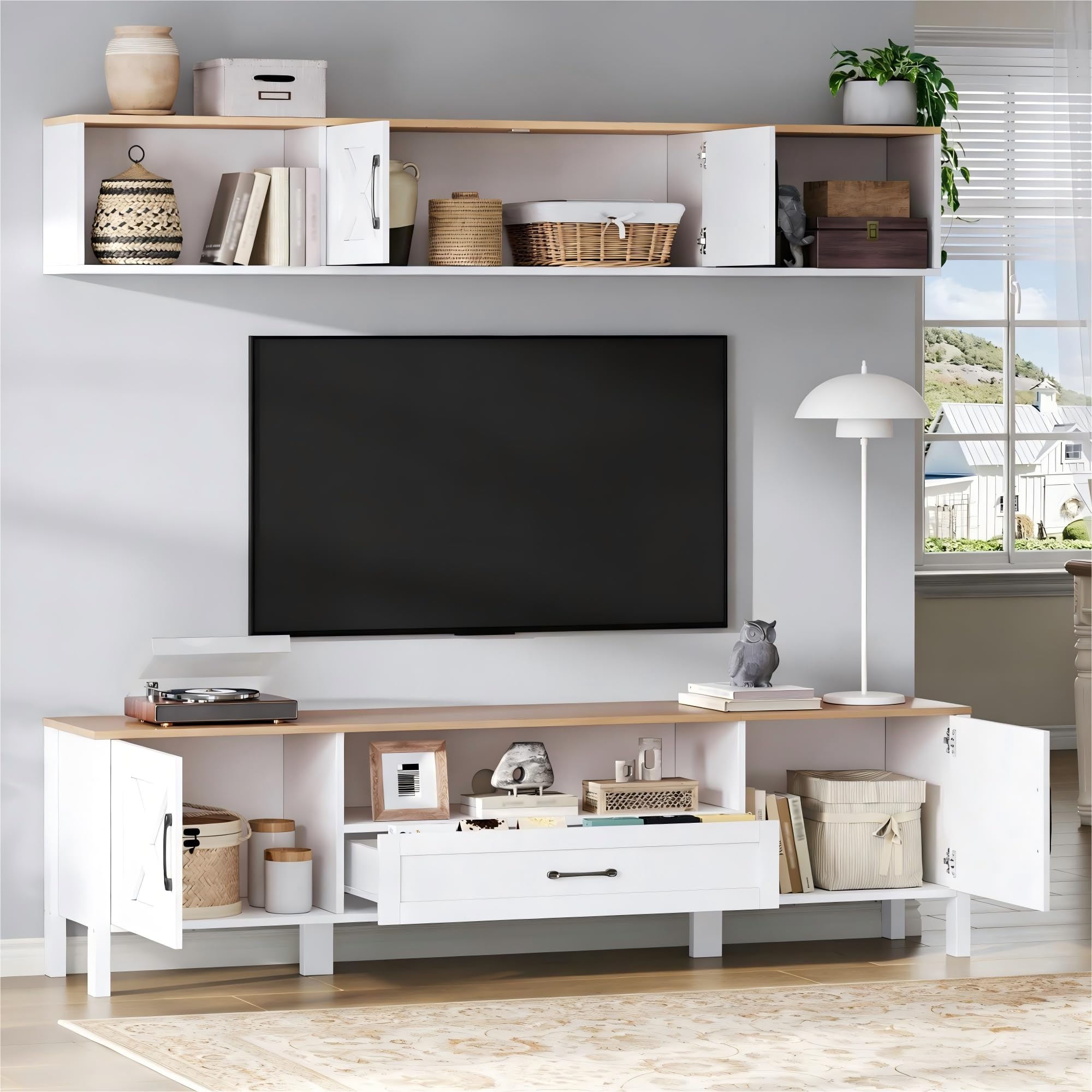 Conjunto de Muebles de Salón Juego de Mueble para TV de 2 Piezas, Mueble de Comedor con 4 Puertas y 1 Cajón, Mesa de TV 180cm, Mueble TV de 80 Pulgadas, 180x40x50 cm, Blanco