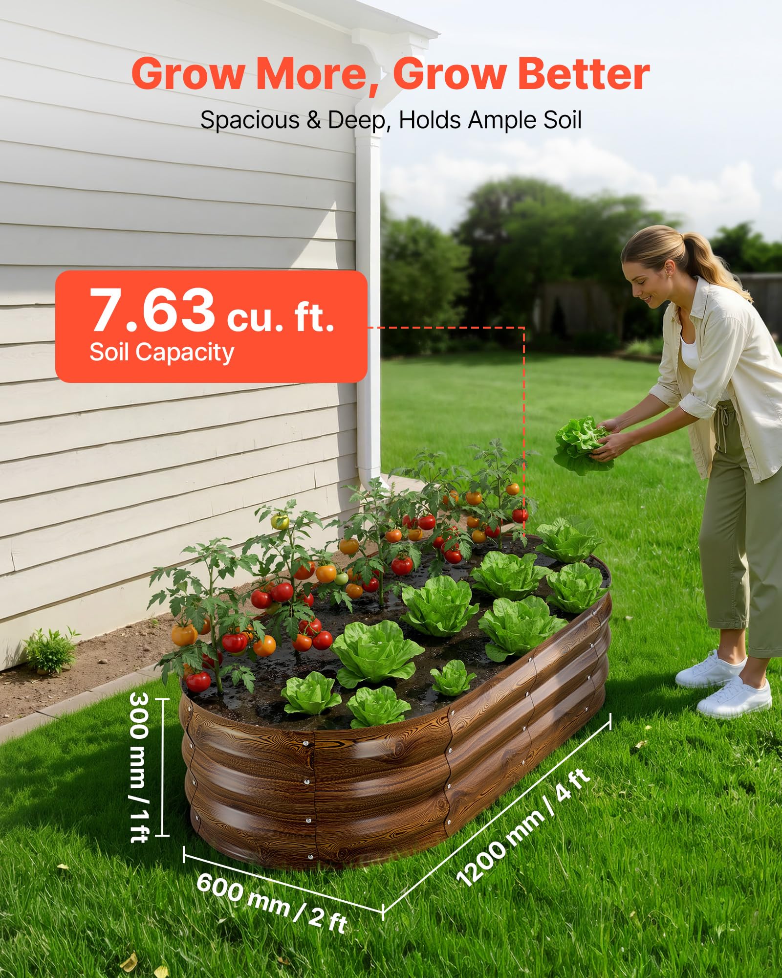 VEVOR Potager Surélevé Métal 120x60x30 cm Carré Potager Surélevé Lot de 2 Lit de Jardin Ovale pour Culture Légumes Fleurs, Fond Ouvert, Galvanisé Aluminium-Zinc, avec Gants, Aspect Grain Bois Foncé