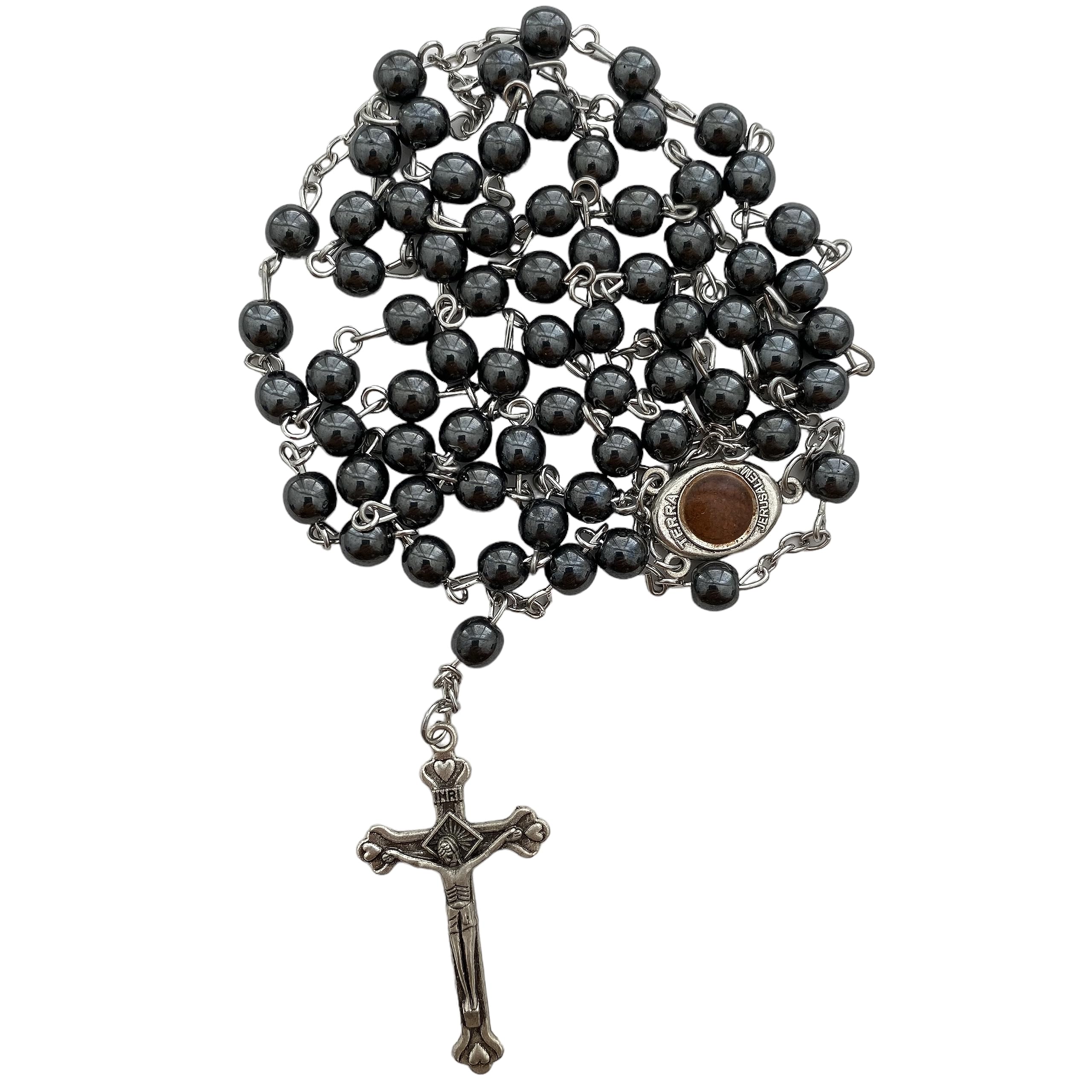 Spring Nahal Catholic Black Glass Crystal Rosary Necklace - Holy Beads with Silver Cross for Men and Women - from Jerusalem