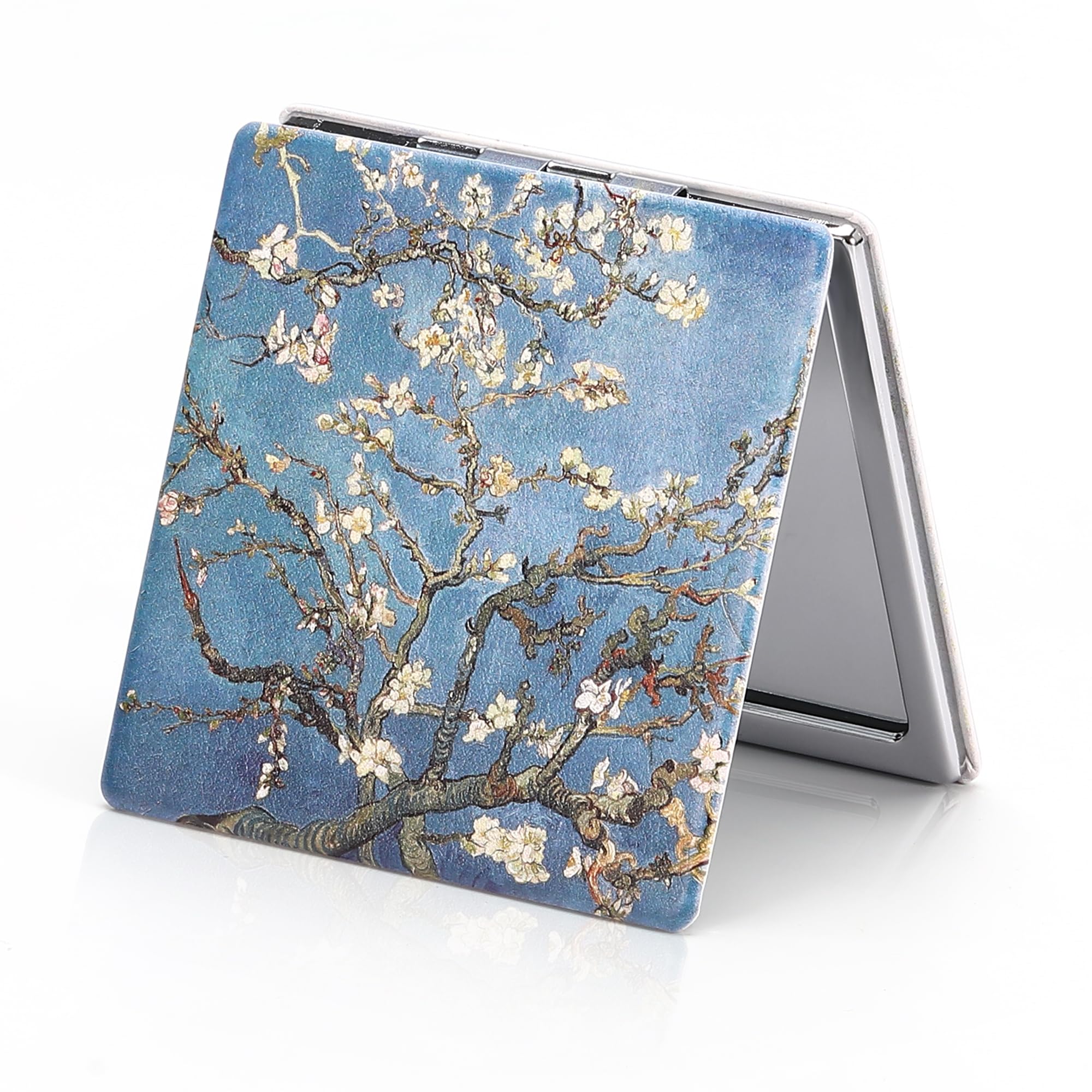 Dynippy Compact Mirror 3.15 inch Double-Sided 1X/2X Magnifying Bulk Pu Leather Makeup Mirrors Round Mirror for Purses Small Pocket Portable Hand Mirror for Woman Mother (F-Almond Blossom)