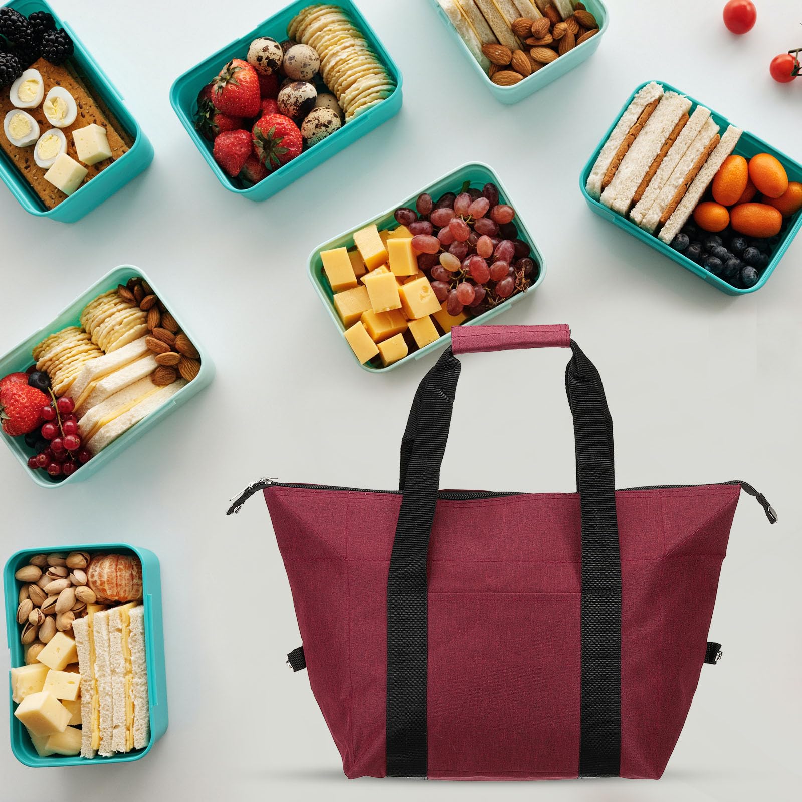 Sac à déjeuner isotherme en tissu Oxford imperméable, sac fourre-tout thermique portable, boîte à déjeuner, récipient alimentaire pour le travail, le bureau, l'extérieur, 29 x 17 x 30 cm, rouge vin