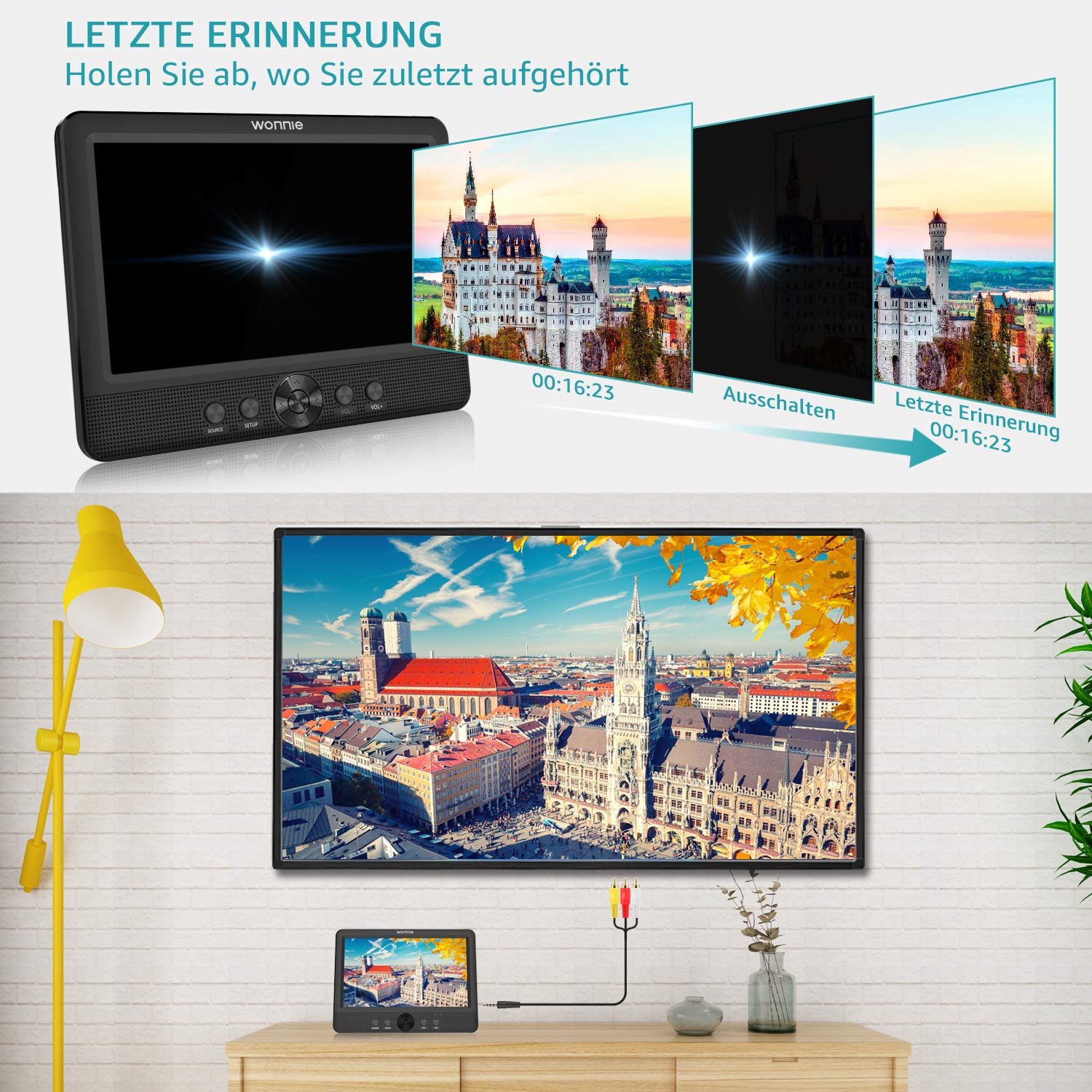 WONNIE Dual 10,5" Auto Tragbarer DVD Player 2 Monitore mit 5 Stunden Rechargble TFT Display Kopfstütze Doppelbildschirm, Unterstützung USB/SD/AV IN/Out