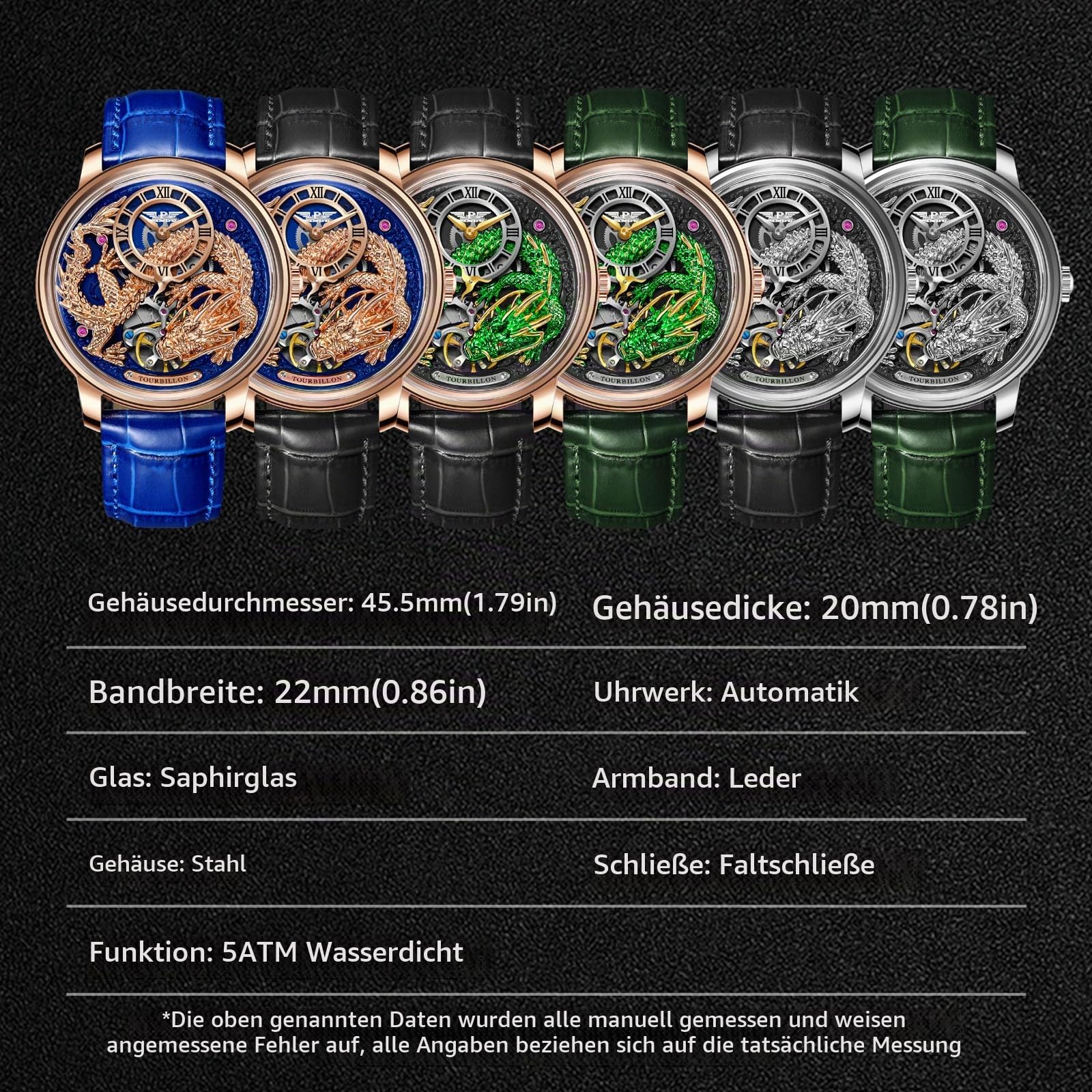 Automatik Uhr Herren - 3D Drache Design Herrenuhr Automatik mit Lederarmband, 45.5mm Edelstahlgehäuse, Luxuriöse Uhr Herren für Alltag & Festlichkeiten