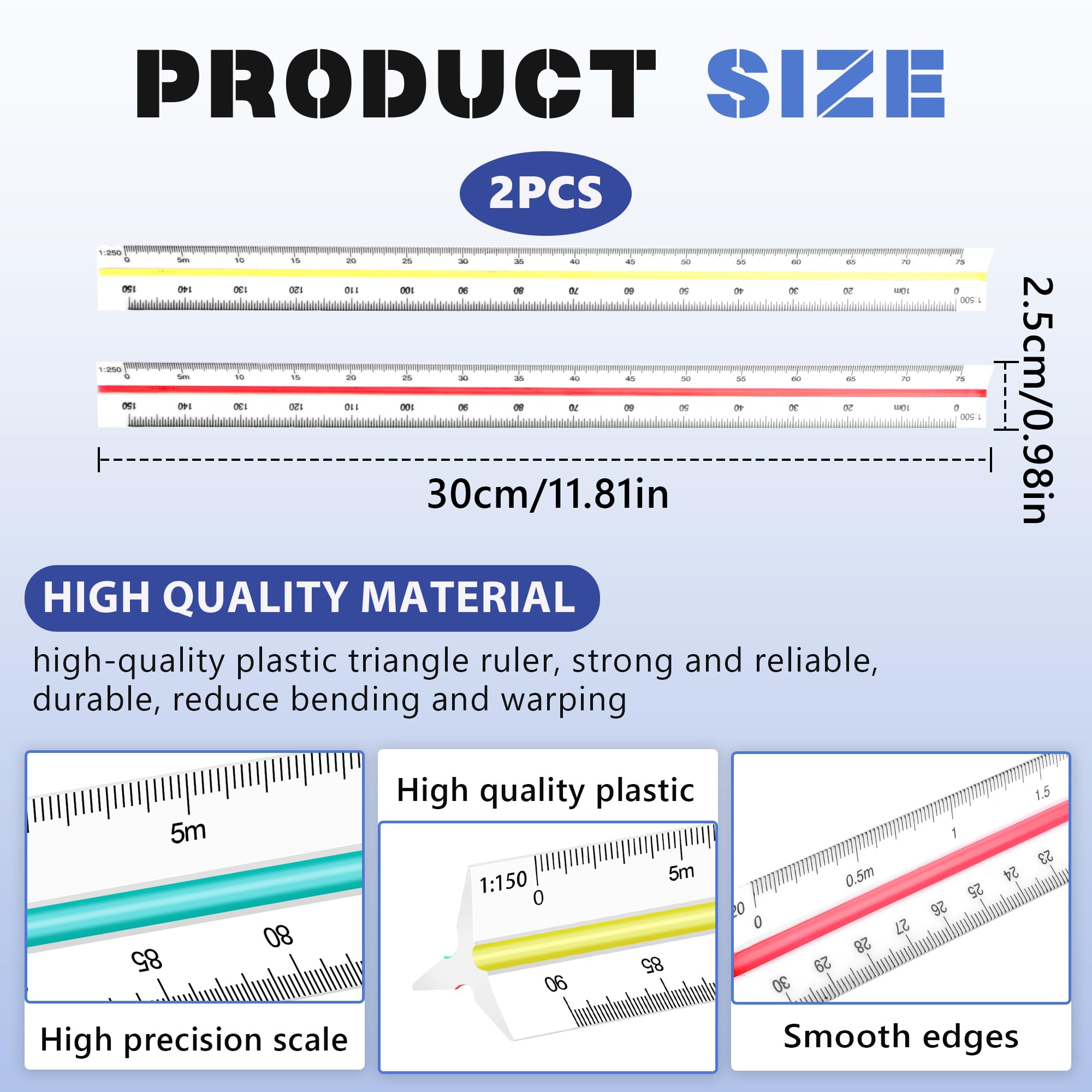 2 Pieza Sescalímetro de Precisión, Escalimetro Triangular, Escalímetro para Arquitectos o Ingenieros 1:20 1:25 1:50 1:75 1:100 1:125/1:100 1:200 1:250 1:300 1:400 1:500