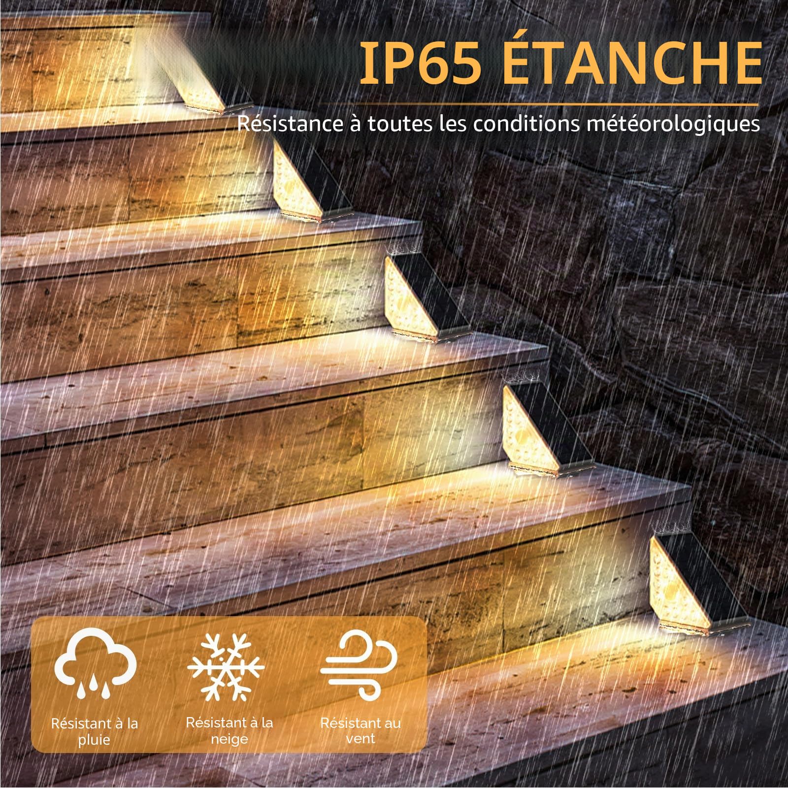Lot de 4 lampes solaires d'escalier d'extérieur avec détecteur de mouvement, lumière blanche chaude, éclairage solaire d'escalier, IP44 étanche, 800 mAh, pour jardin, escalier, terrasse, porte
