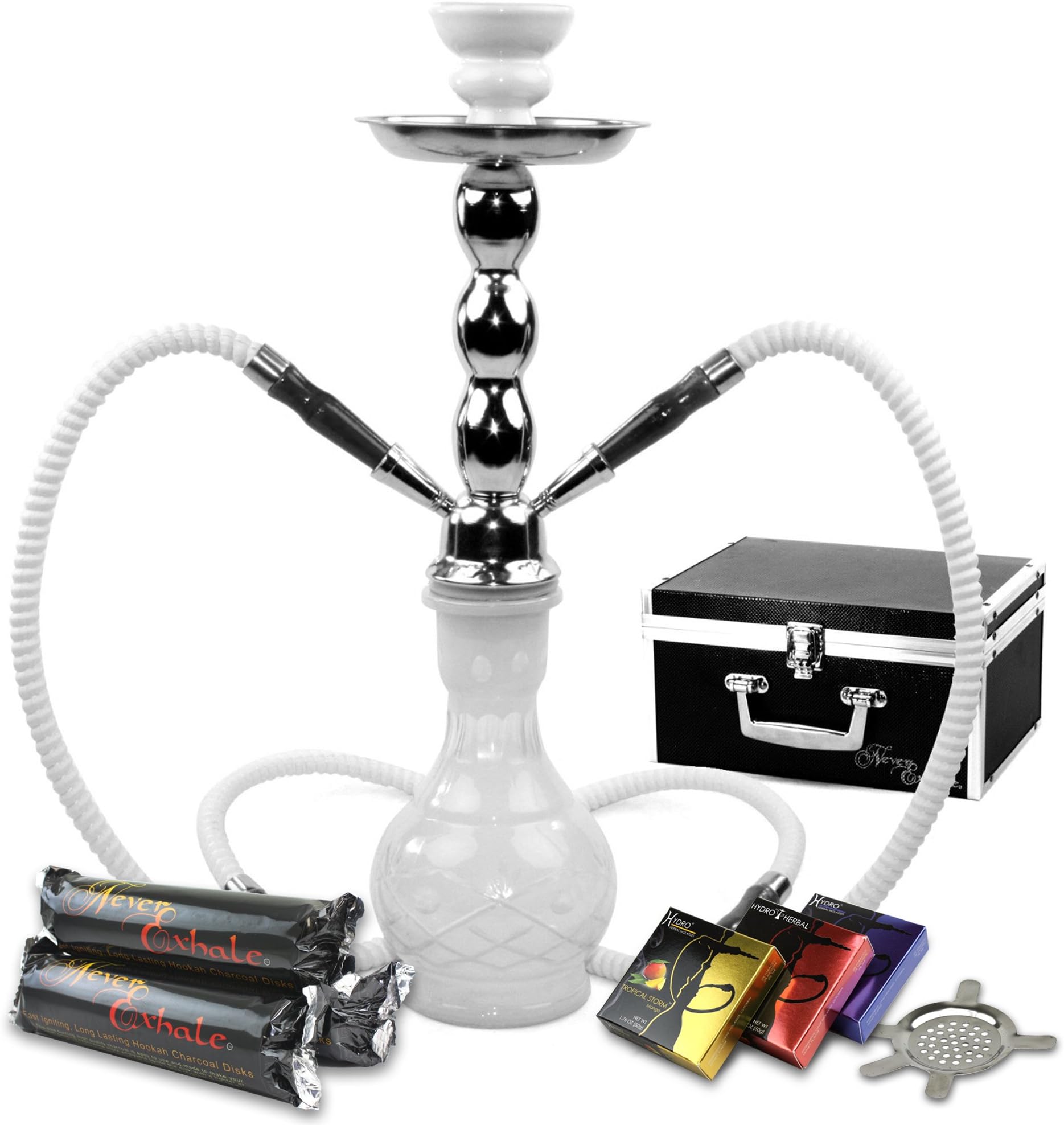 Zebra Smoke Starter Series: 18" 2 Hose Hookah Combo Kit Set w/NeverXhale Charcoal, Hydro Herbal Molasses, and Screen (Diamond Etched White)
