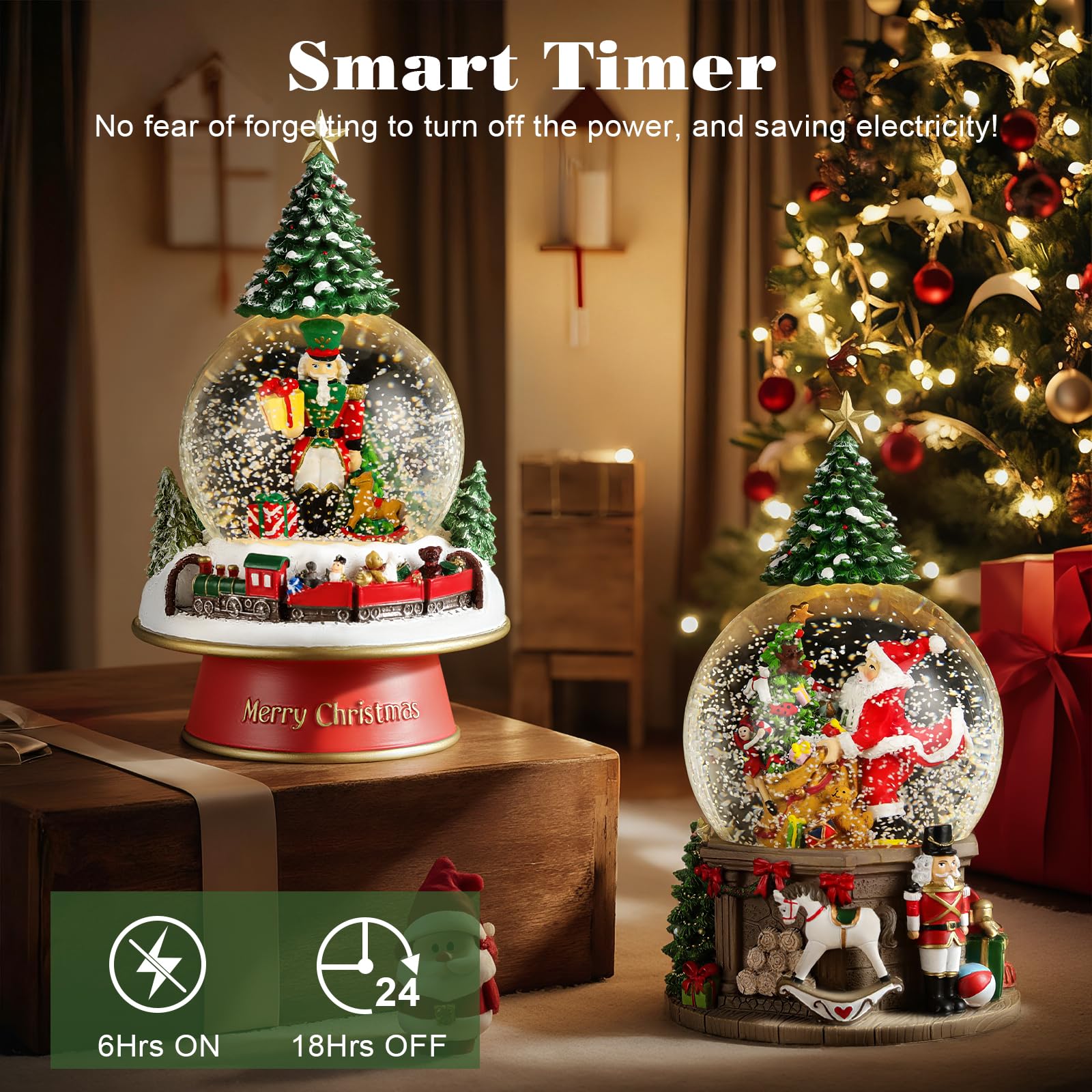 Lewondr Globo de Nieve Navideño, Globo de Cristal con 8 Canciones Navideñas, Caja de Música Eléctrica Reno con Tren y Cascanueces, Decoración de Navidad para Chimenea de Dormitorio