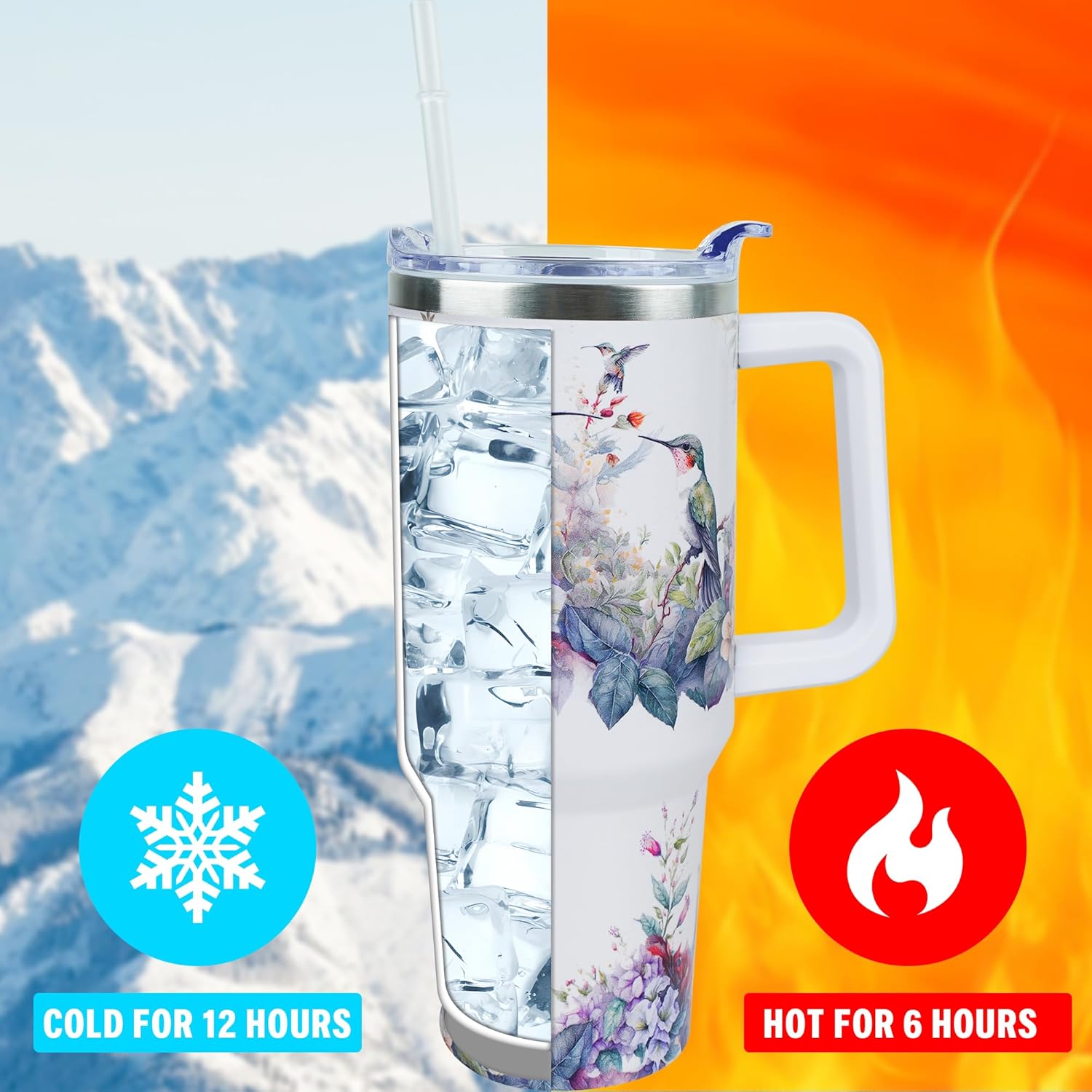 40 oz Cute Hummingbird Tumbler with Handle and Straw, Stainless Steel Insulated Cup with Lid and Straw, Travel Mug Water Bottle, Gifts for Women - Image 2