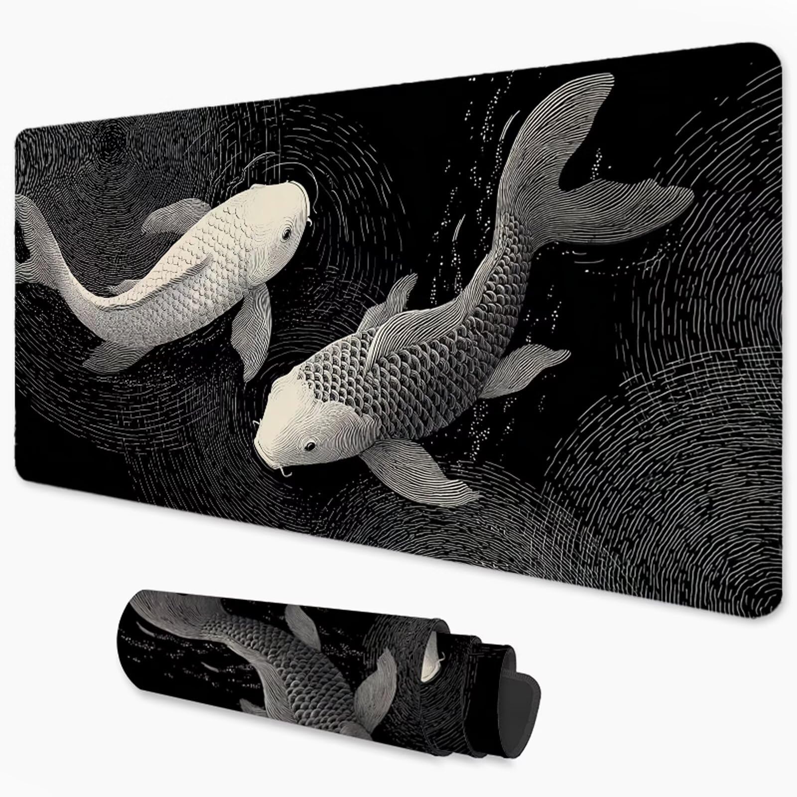 Czarna podkładka pod mysz XXL podkładka pod mysz 1000 x 500 mm Koi pod ręką biurko z wodoodporną powierzchnią i antypoślizgową podstawą, podkładka pod mysz do biura, komputera, poprawia dokładność i
