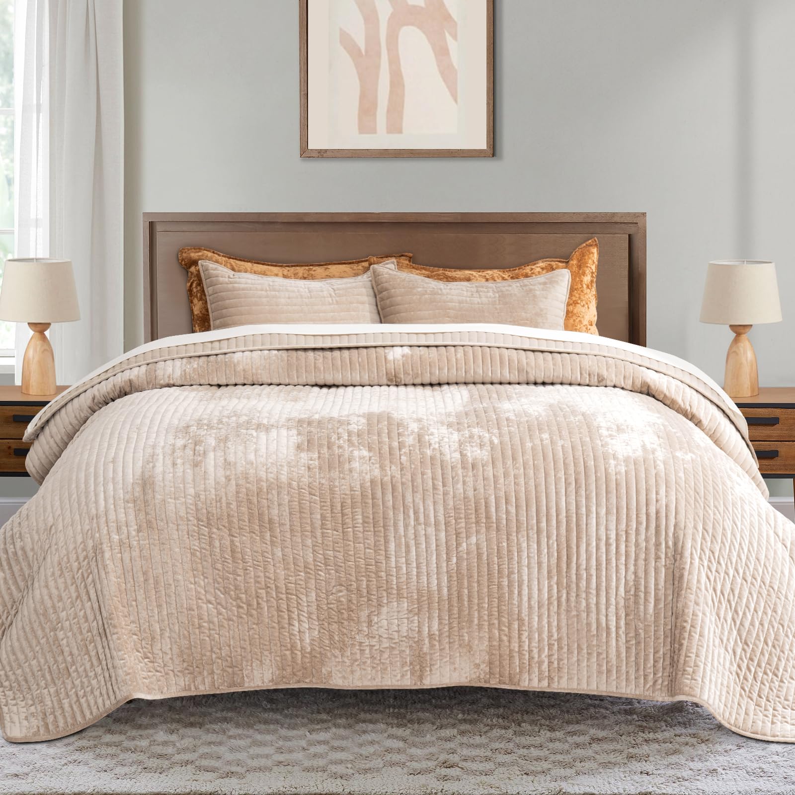 Velvet Quilt Set Queen Size, Luxurious Soft Striped Channel Bedding Set, Lightweight Velvet Comforter for All Season, Oversized Bedspread Coverlet with 2 Matching Shams, Beige Taupe