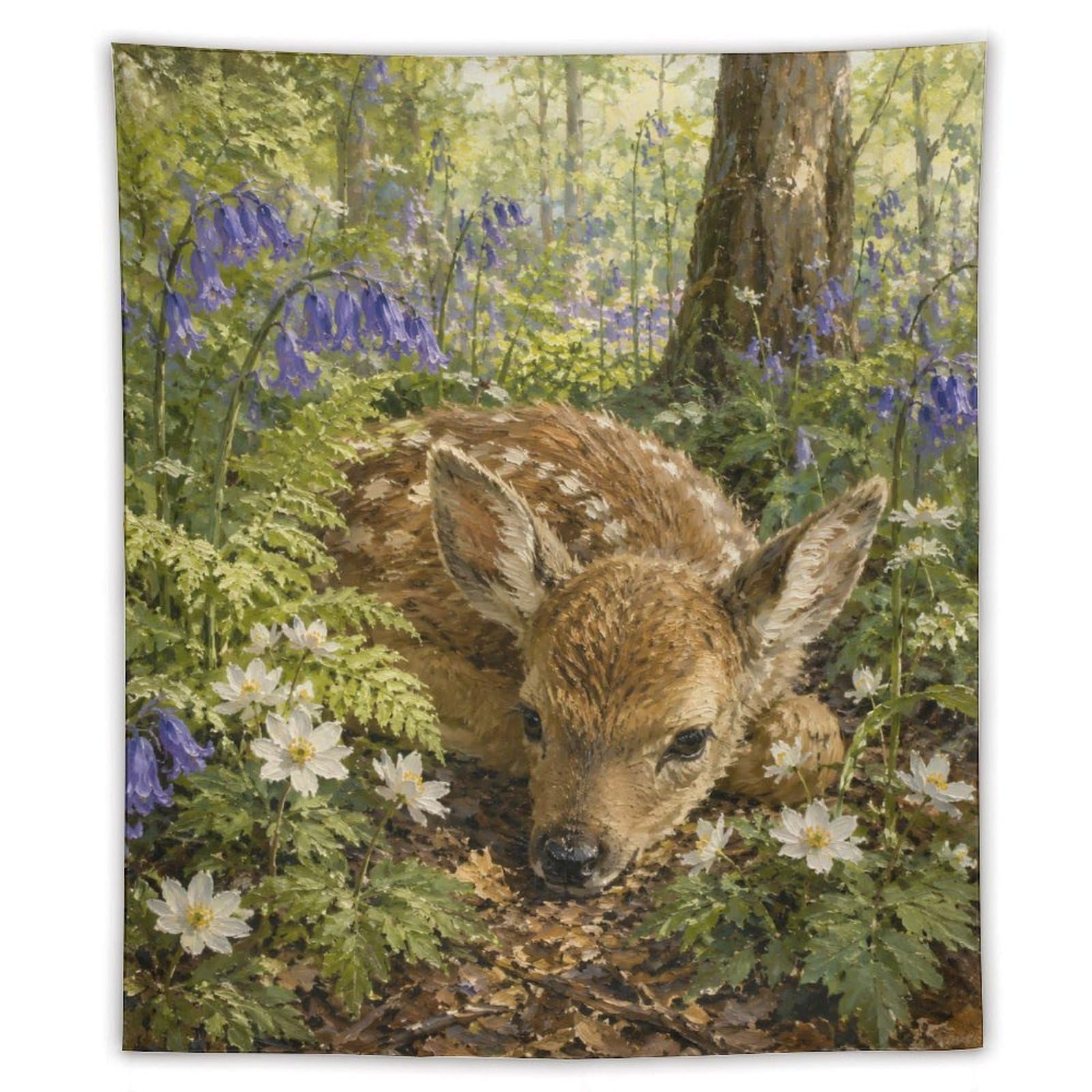 H3B8U2Y5 Fawn in Bluebell Forest Wall Tapestry, Woodland Wildlife