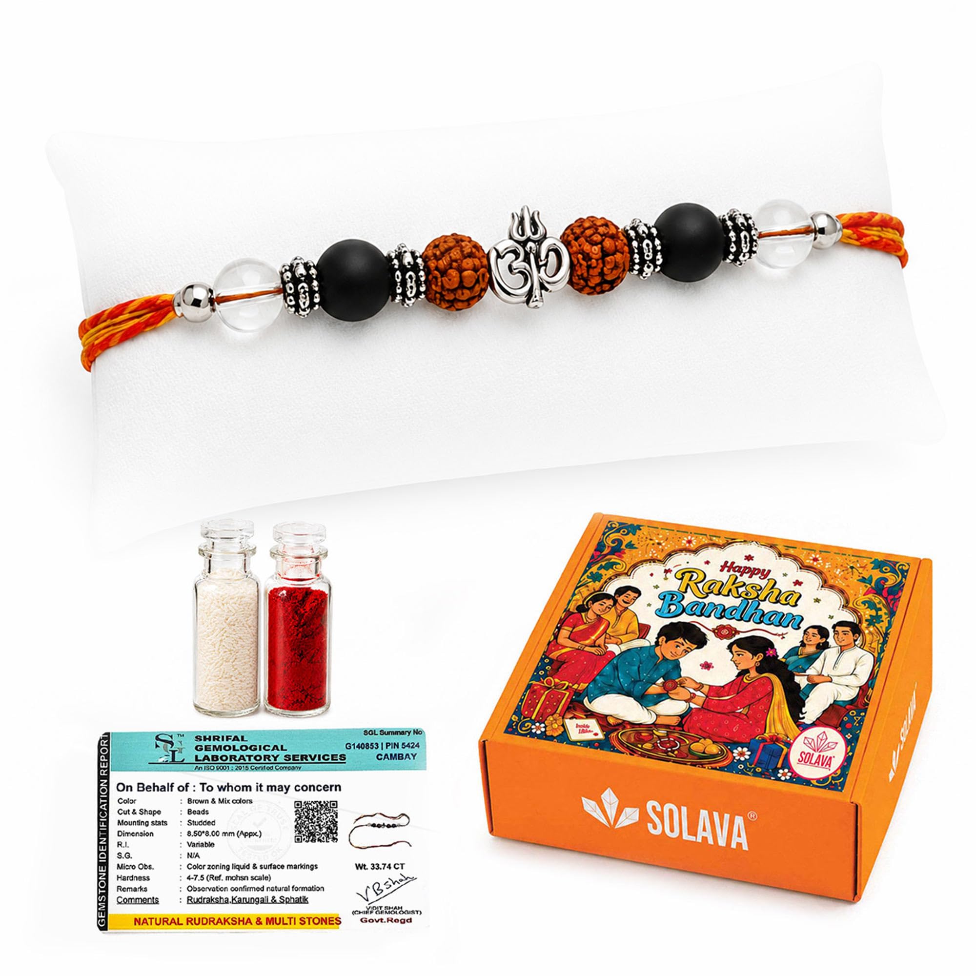 Trinetra Crystal Rakhi for Brother and Bhabhi | Natural Clear Quartz, Karungali, Rudraksha & Om Charm | Lab Certified | Symbol of Peace, Protection & Positive Energy | Rakhi with Roli Chawal-image-6
