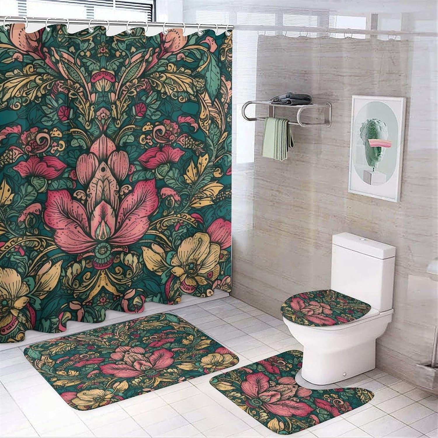 Four Piece Bathroom Set with Toilet Lid Cover and Non-Slip Rugs Minimalist Shower Curtain for Bathroom Set