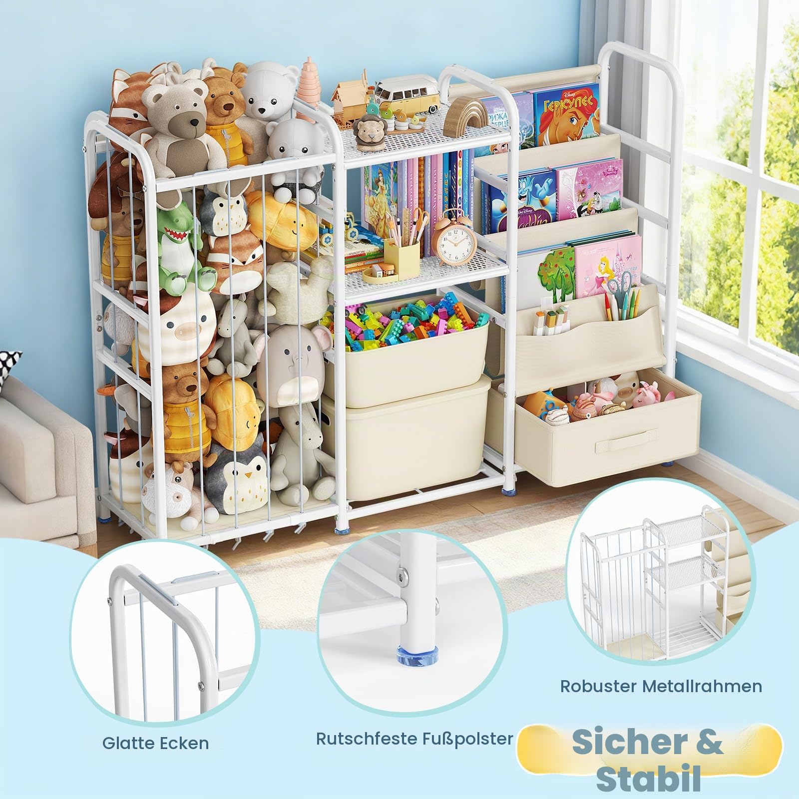 3-in-1-Kinder Bücherregal Kinderzimmer, Spielzeugregal Kinderzimmer mit Spielzeugkiste Kinderbücherregal und Spielzeugorganizer 3 Hängetaschen Schublade für Kindergarten, Spielzimmer (Weiß)