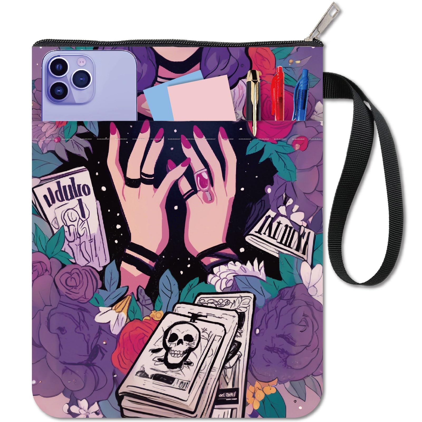 CRASPIRE Tarot Book Covers Purple Book Protector Rose Book Sleeve for Paperbacks Washable Fabric Cloth Book Cover with Zipper and Extra Sleeve Pocket for Book Lovers Classmate Gifts