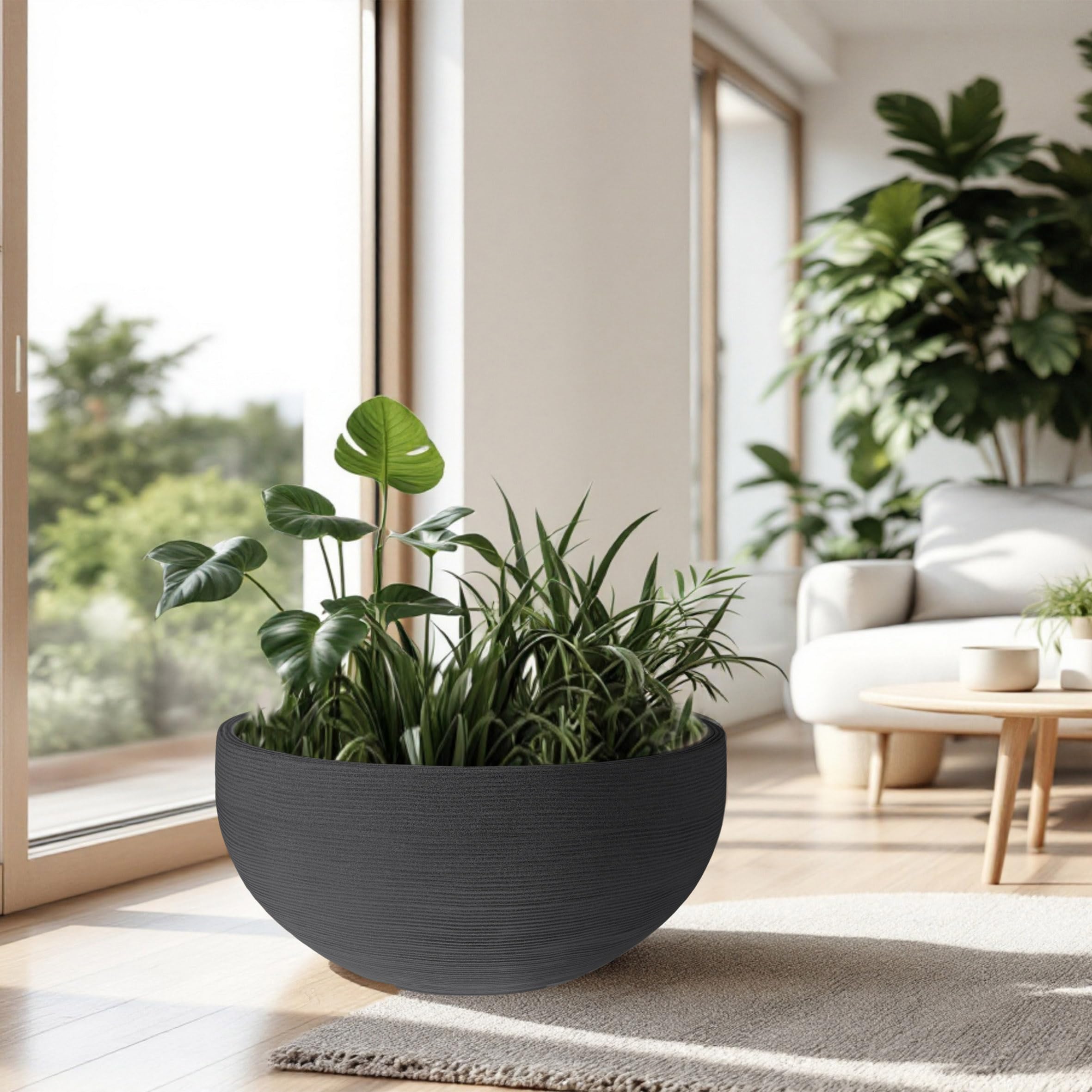 Spetebo XXL Recipiente de plantación de plástico redondo de 58 cm resistente a la intemperie - gris - Maceta grande para jardín UV resistente con patrón de ranuras - Maceta para flores y jardín para