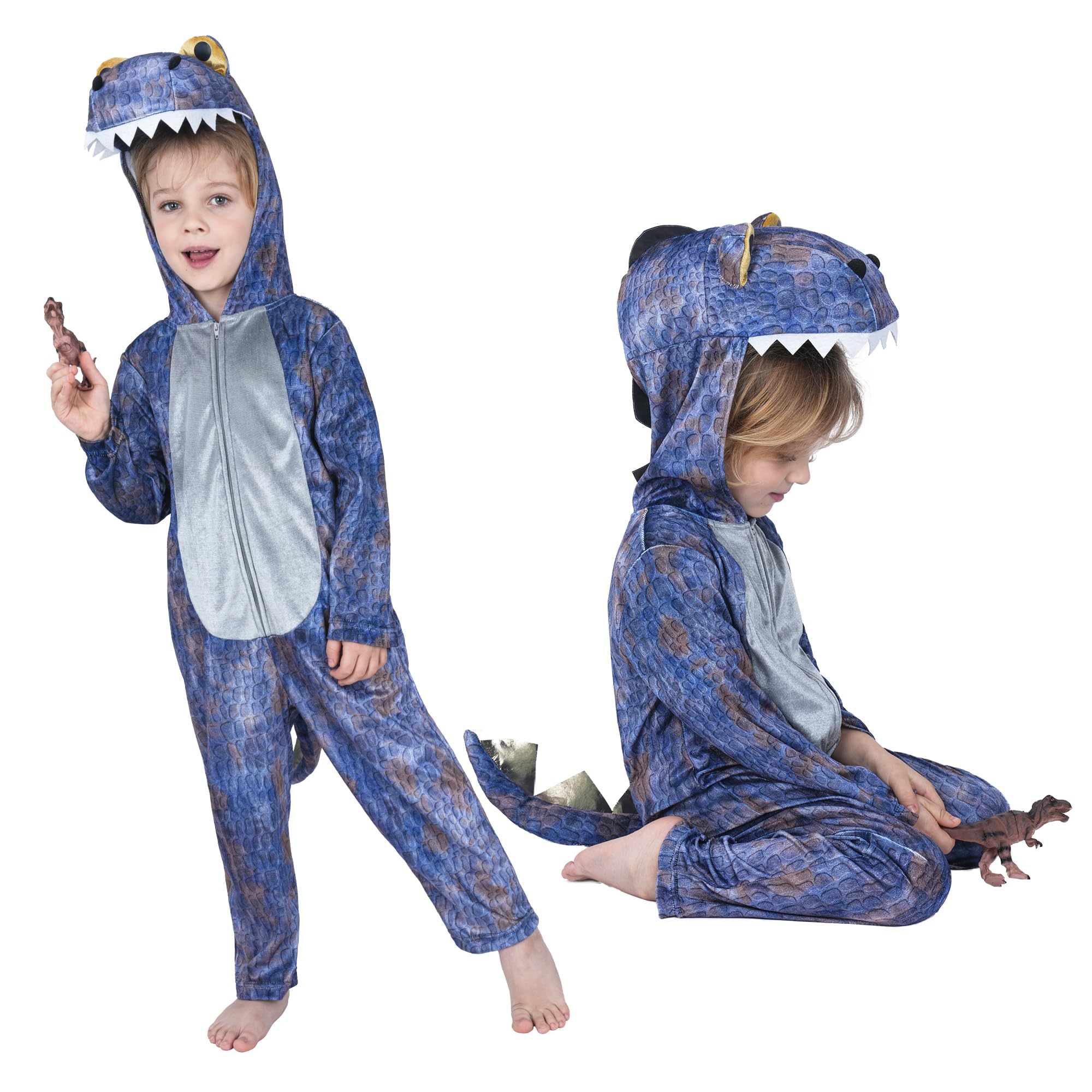 Sincere Party Grey Sublimation Print T-Rex Dinosaur Costume for Little Boys and Girls Dinosaur Oneise with T-Rex Statue Toy for 2-3 years
