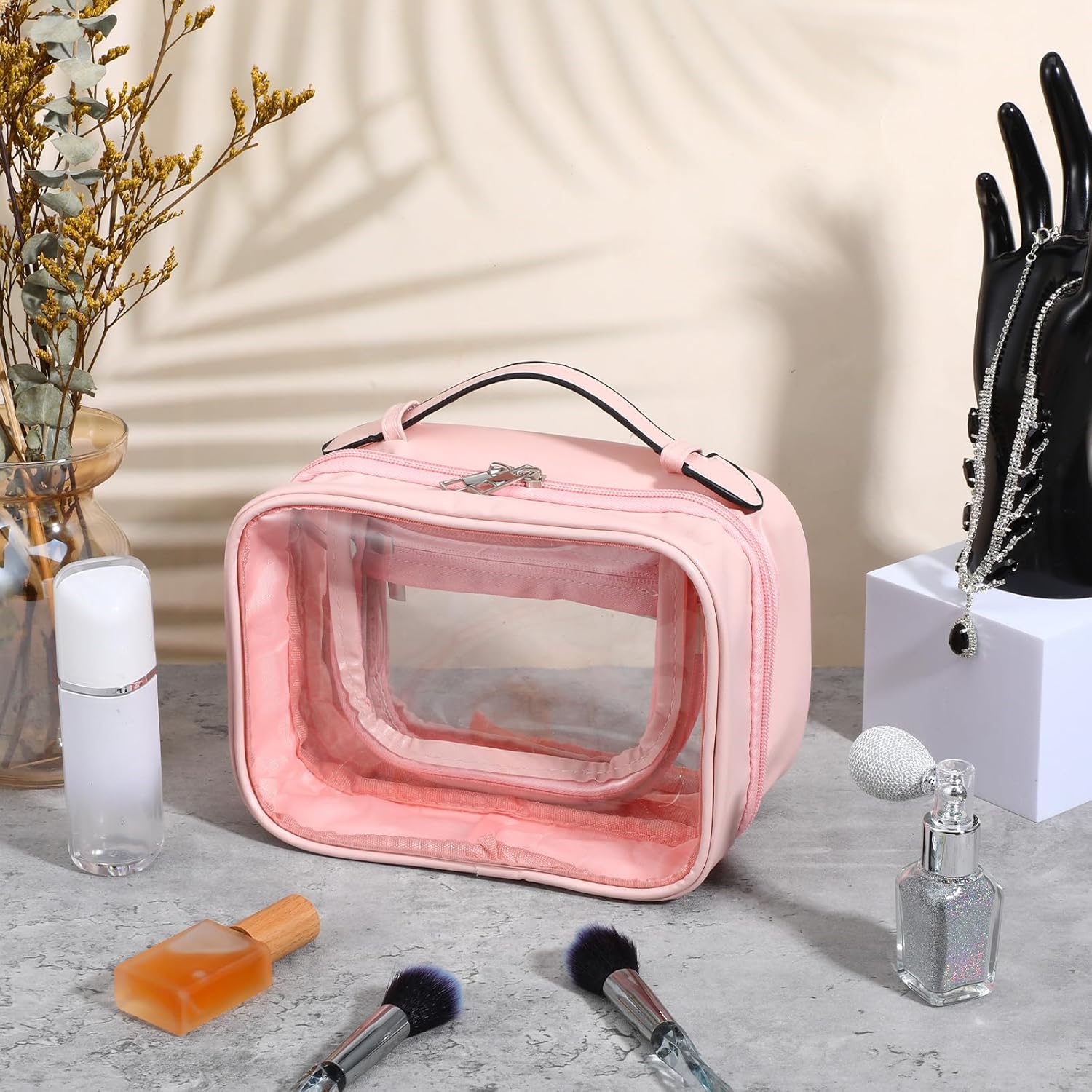 2 PCS traveling toiletry Case large clear cosmetics case makeup bag Dimensions | LxWxH:7.8” x 4.5” x 5.9”(pink, Medium) - Image 4