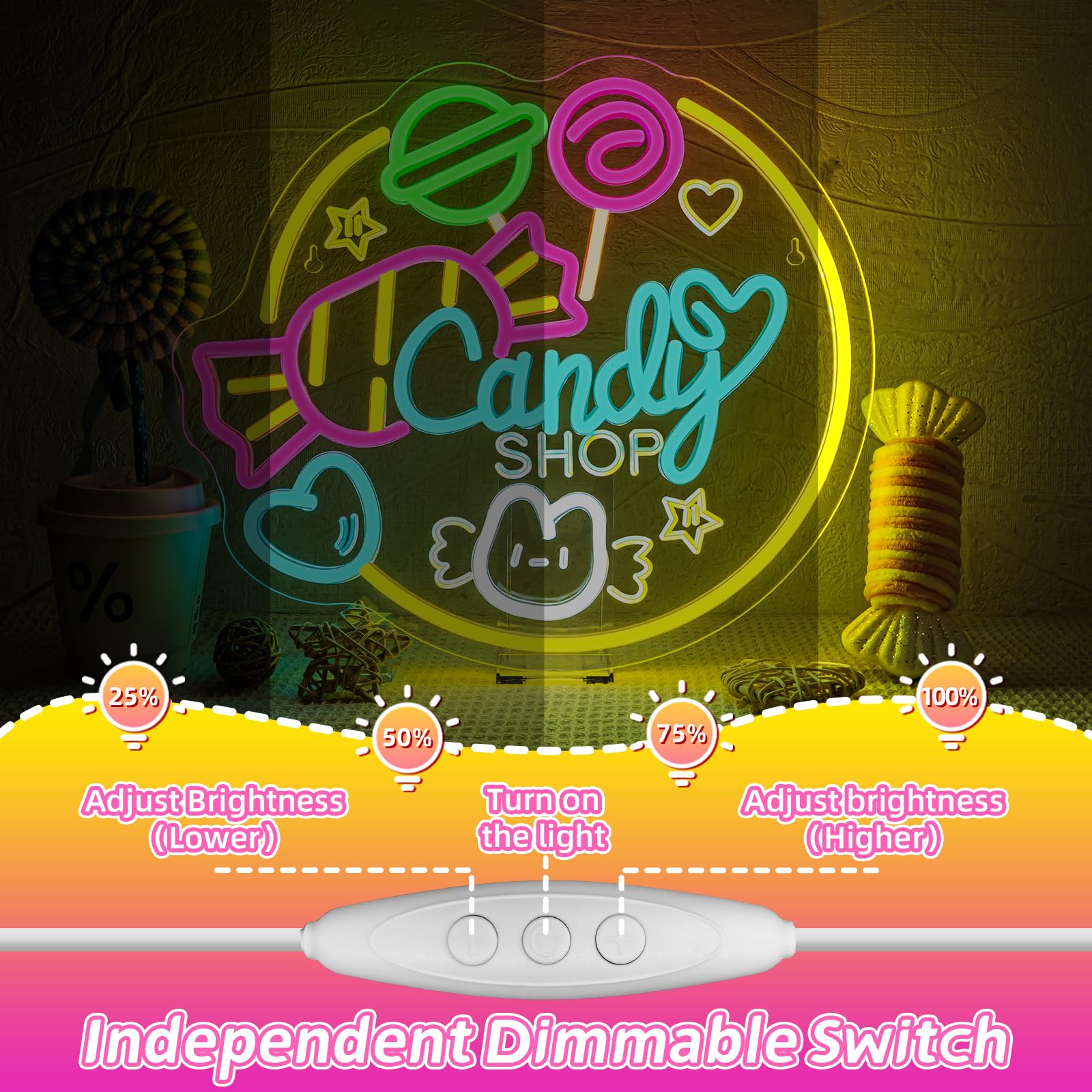 Candy Shop Neon Led, Caramelo Luces Neon Regulable para Decoración, Tienda de Golosinas Letrero Led para Tienda de Dulces,Pastelería,Fiestas,Sala de Estar,Regalo para Niños