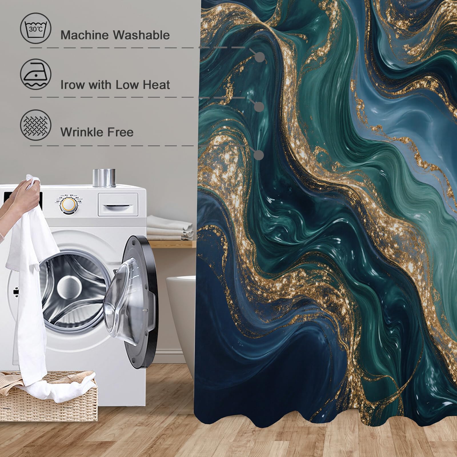 Rideau Douche, Rideau Baignoire Lavable en Machine Rideaux Douche Tissus Lavable Rideau De Baignoire Lavable pour Salle De Bain Domicile Baignoire Famille, Vagues Fluides,