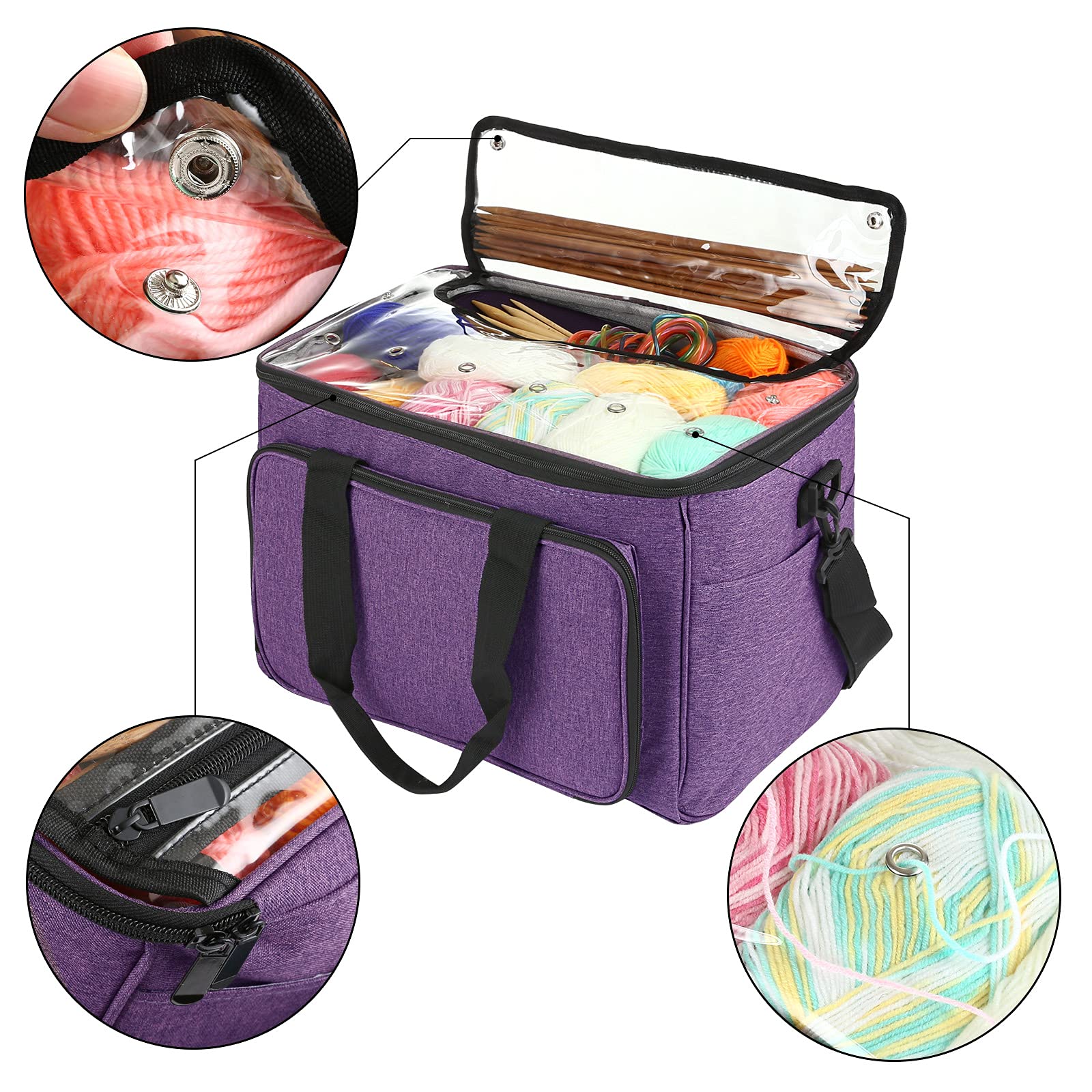 LEMESO Borsa a Maglia per Maglieria Lana Porta Lavoro Unicetto Custodia Filati Trasporto Conservazione Materiali per Cucito Inverno Sacco Organizer Tasche Scomparti Accessori Cuciture con Manico