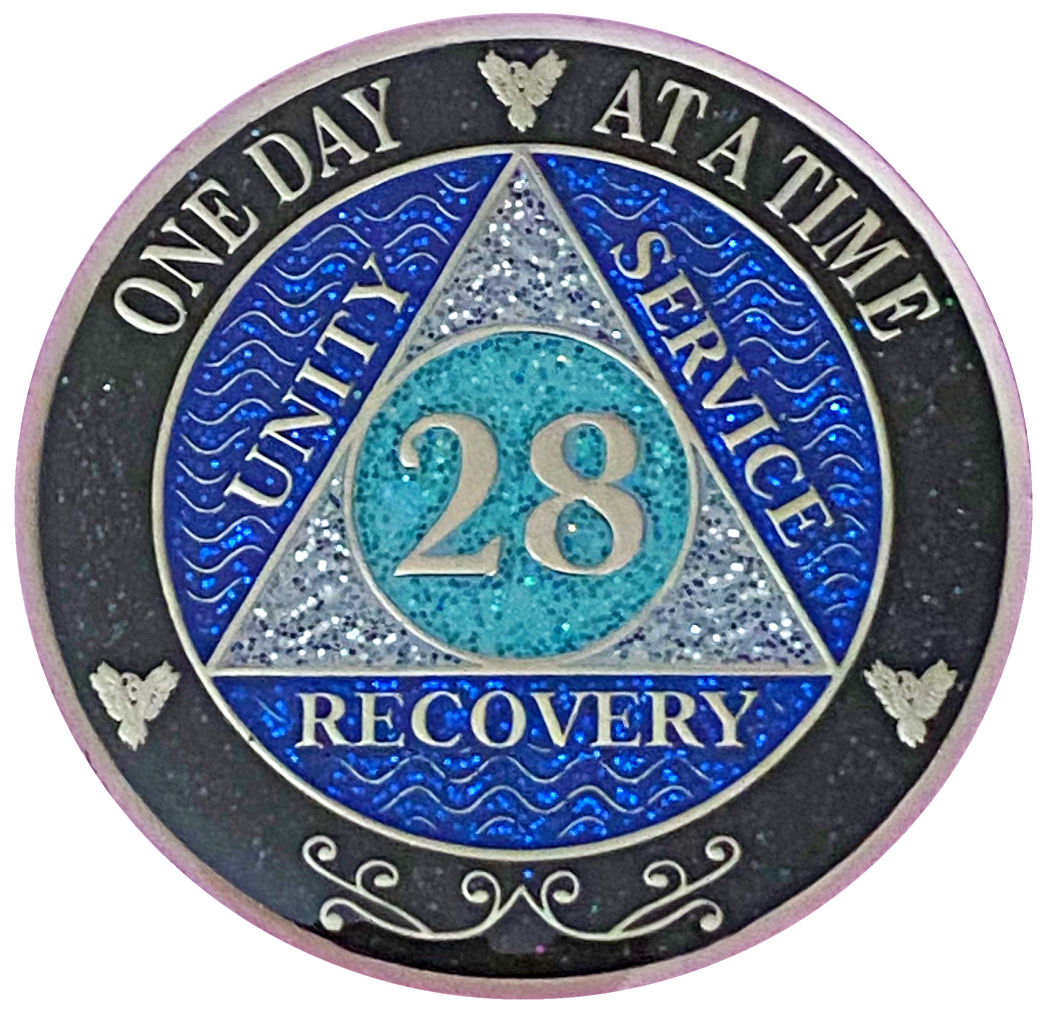 (Years 1-50) 28 Year AA Recovery Silver Color Plated Glitter Medallion, Black Rainbow, Blue, Silver Glitter Coin, Epoxy Covered (AA 28 Year Glitter