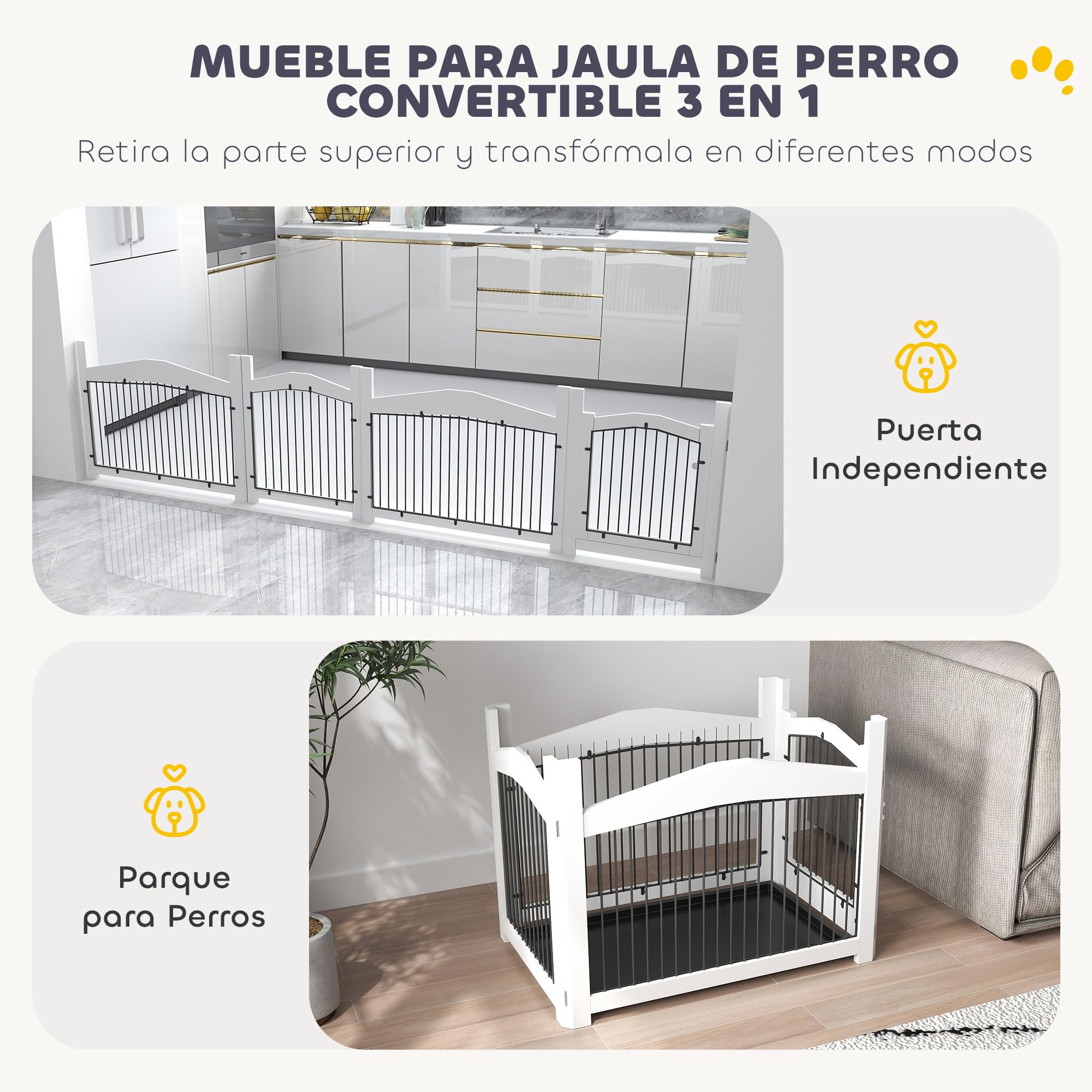 PawHut Jaula para Perros Medianos 3 en 1 Mesa Auxiliar Barrera para Perros con Puerta con Pestillo Tapa Superior Desmontable y Bandeja Extraíble 82,5x57,5x59,5 cm Blanco