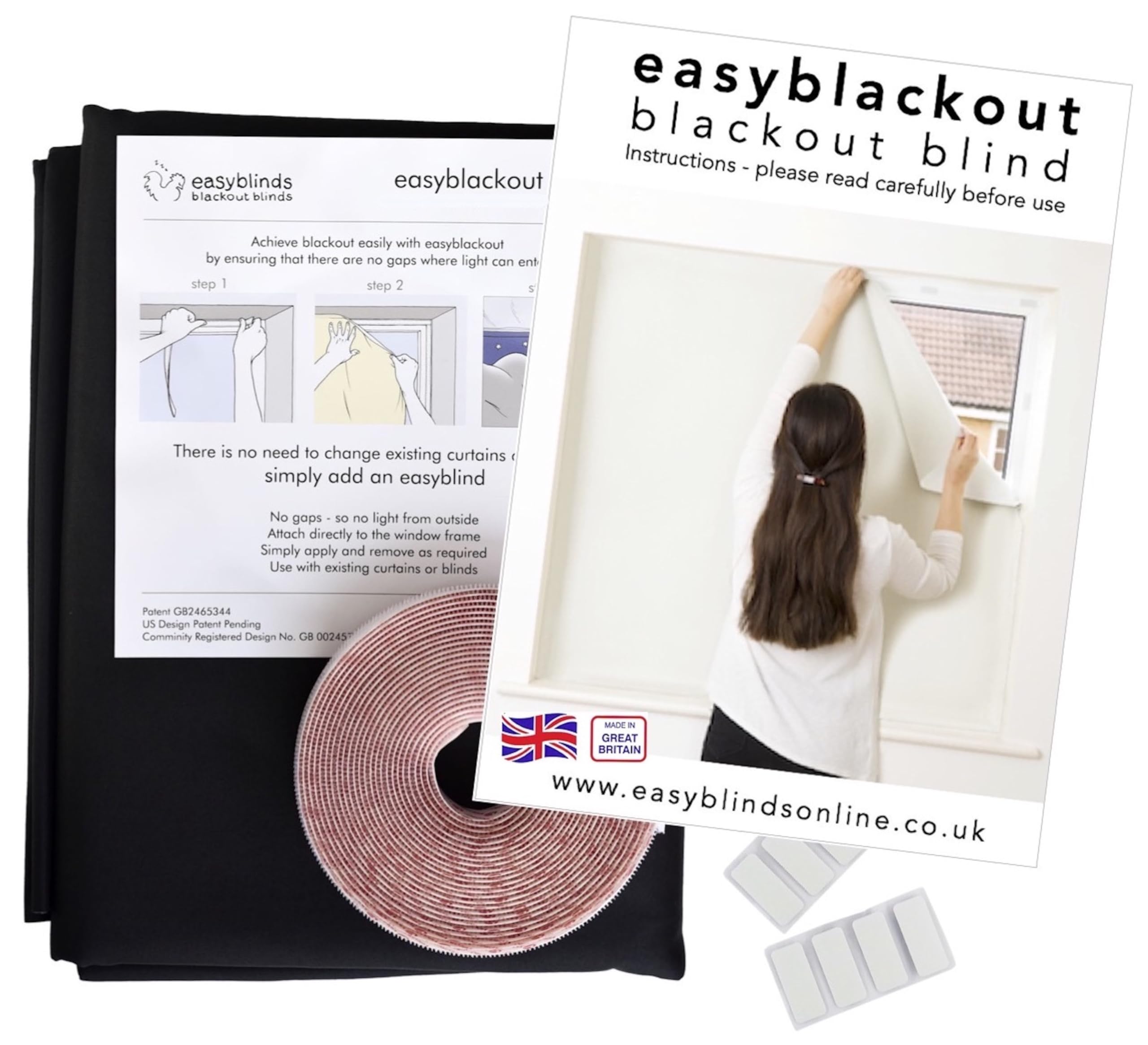 Easyblinds Easynight Premium blackout blind, self-adhesive attachments, BLACK, cut to any shape/size up to 150x135cm, Patented Design For Full Blackout, Easy To Use, Temporary Or Permanent