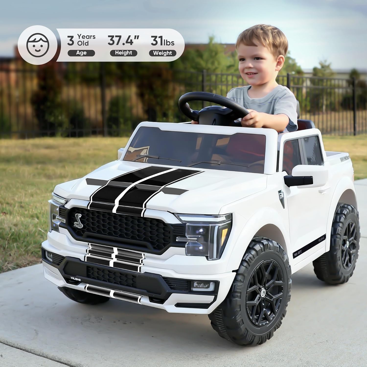 Hikiddo Licensed Ford Shelby F-150 24V Kids Ride on Toy, Electric Car for Kids with Remote Control, 400W Motors - White
