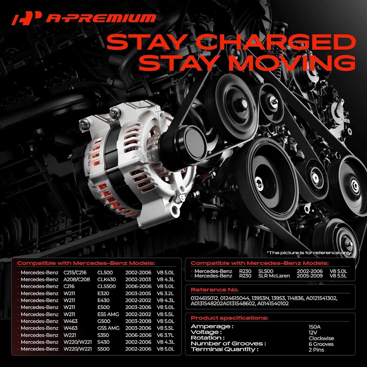 A-Premium Alternator Compatible with Mercedes-Benz E320, E430, E500, S350, S430, S500, SL500, CL500, G500, G55 AMG, CLK430, 12V 150A CW 6-Groove Pulley, 2 Pins, Replace# A0121541302, 0124615012
