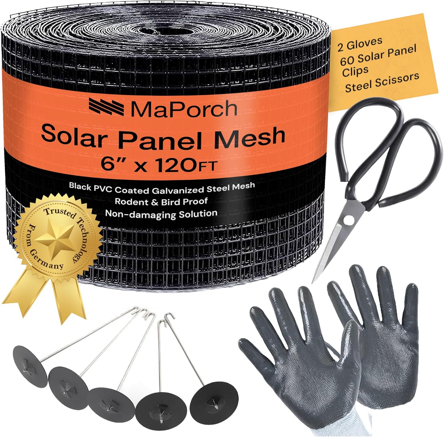 MaPorch 6"x120FT PVC Coated Galvanized Steel,Black Solar Panel Bird Proofing Mesh Screen with 60 Fastener Clips, Cutting Scissor & Gloves for Solar Panels