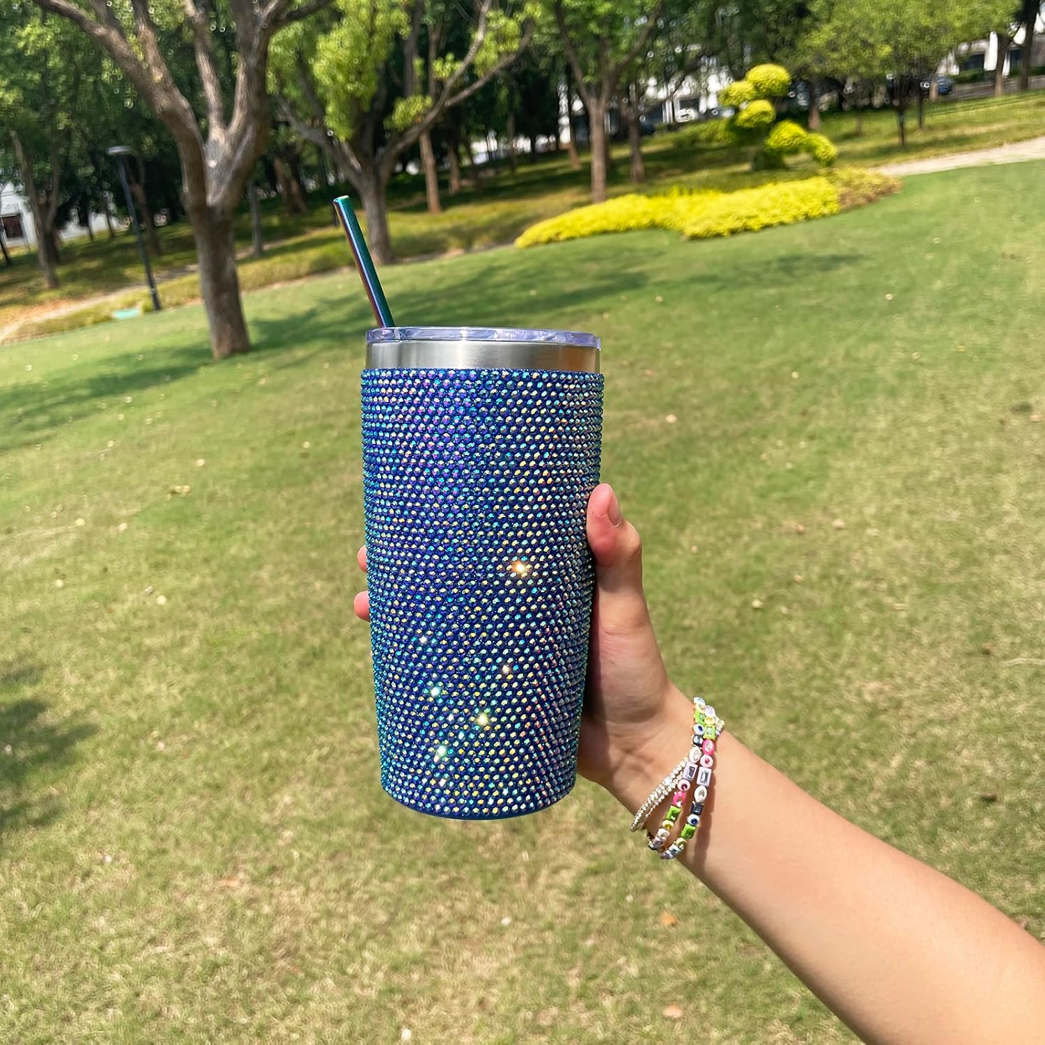 Bling Rhinestone Tumbler 20oz Stainless Steel Studded Glitter Thermal Cup with Leak proof Lid and Straws Double Wall Vacuum Insulated Portable Travel Coffee Mug (Sapphire Blue) - Image 7