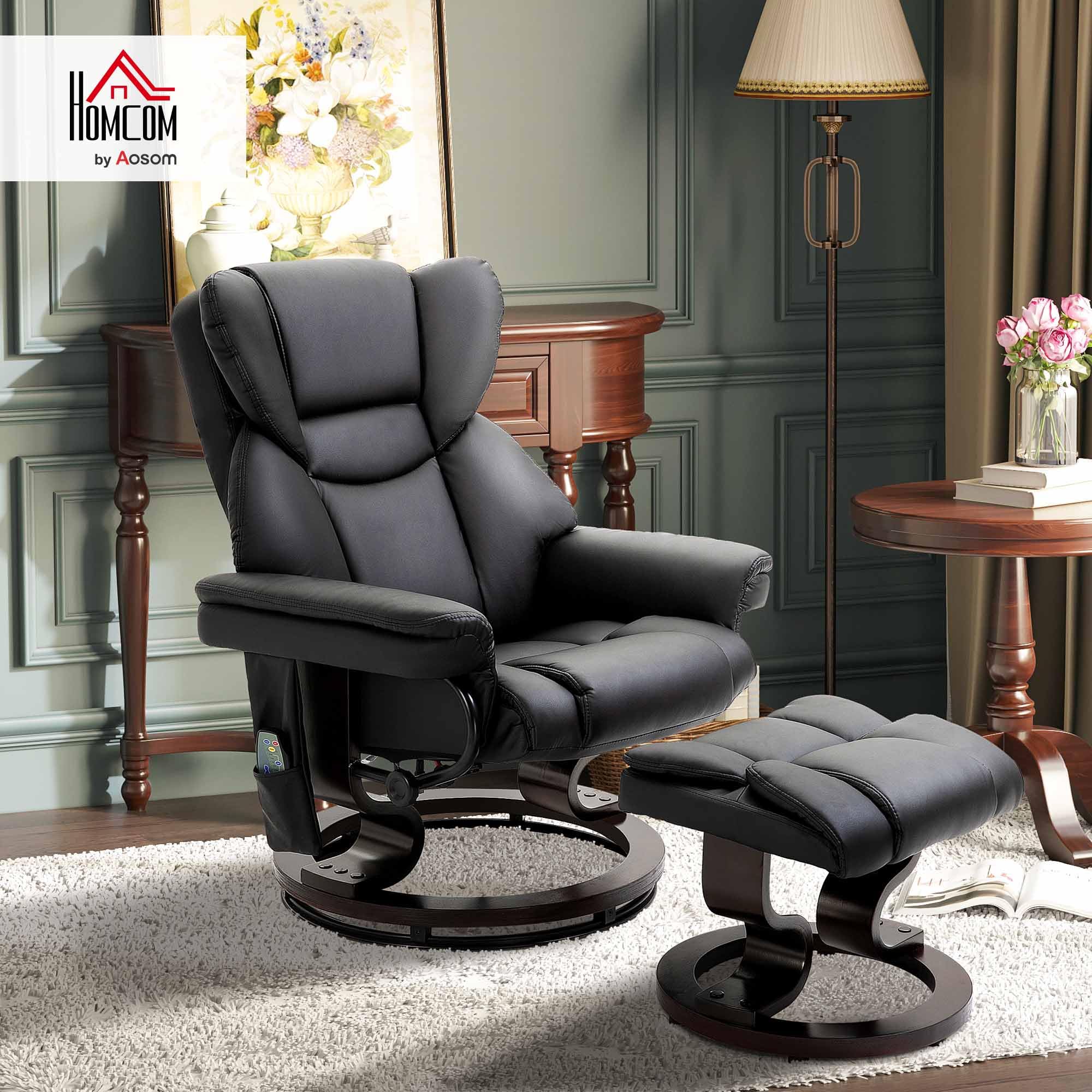 HOMCOM Relaxsessel mit Hocker, 360° drehbarer Massagesessel mit Liegefunktion, Kunstleder Schwarz