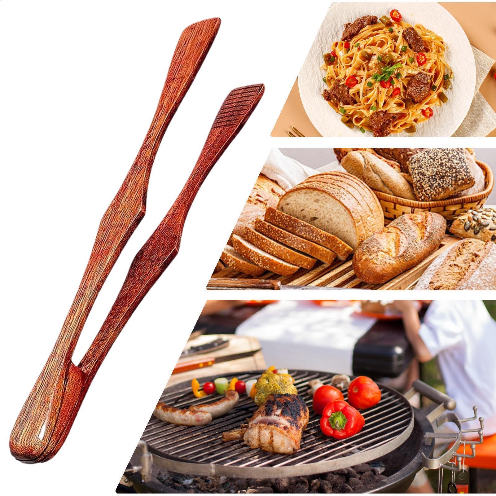 Pinza in legno per cucinare, pinza per insalata in legno, con manico in acciaio inox, con foro, resistente al calore per barbecue, campeggio, cucina, ristorante