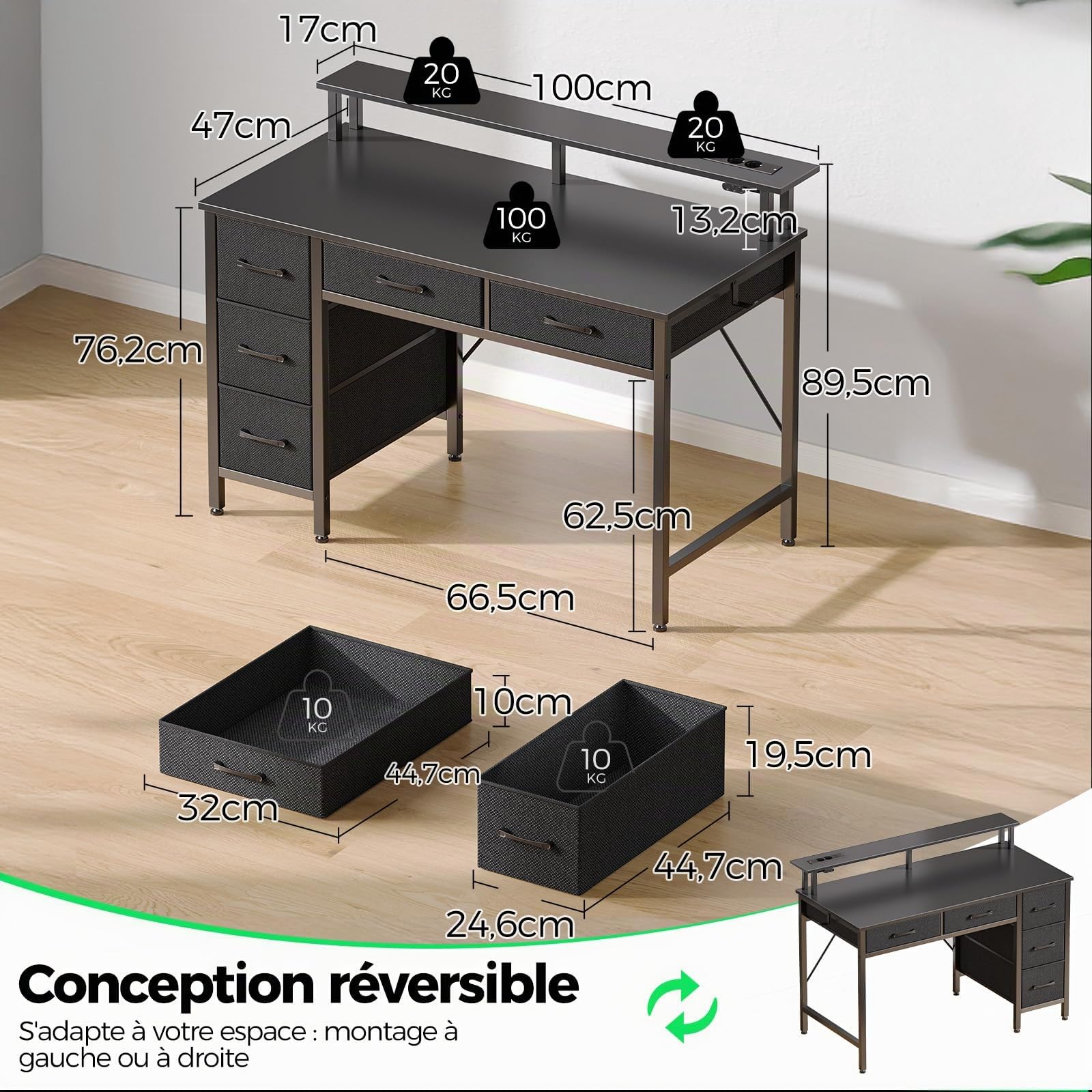 Seventable Bureau Gaming 100 cm avec LED RGB, Prises & Ports USB, Support Écran — Bureau avec Rangement et 5 Tiroirs en Tissu, Bureau Informatique pour Chambre ou Télétravail – Noir